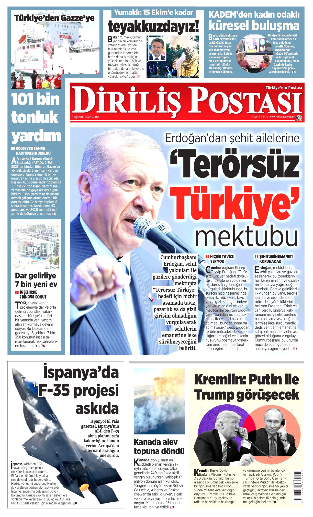DİRİLİŞ POSTASI gazetesinin 8 Ağustos 2025 tarihli birinci sayfası