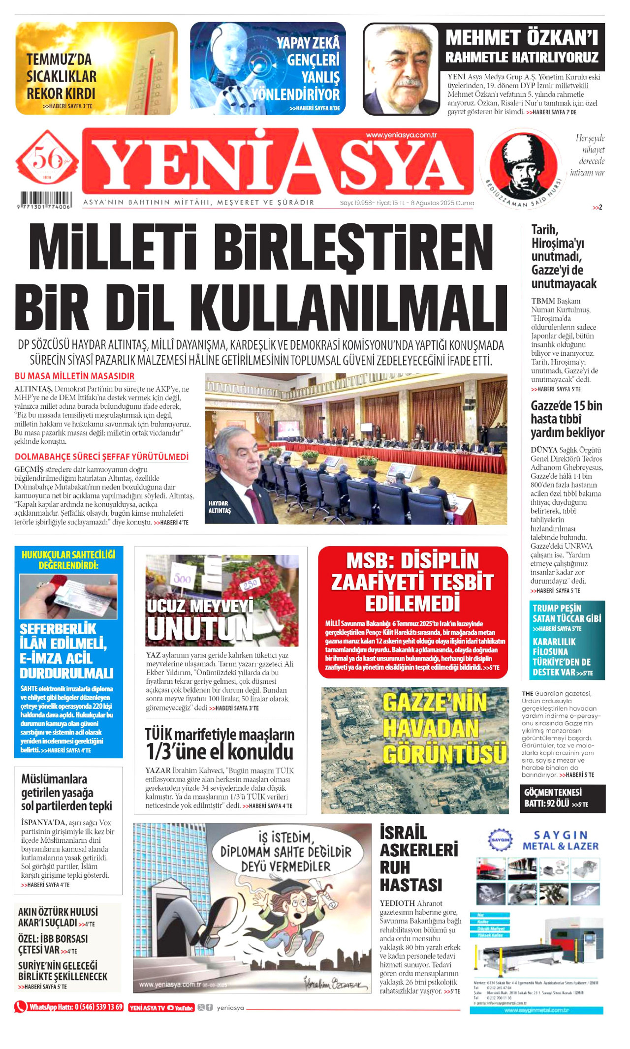 YENİ ASYA gazetesinin 8 Ağustos 2025 tarihli birinci sayfası