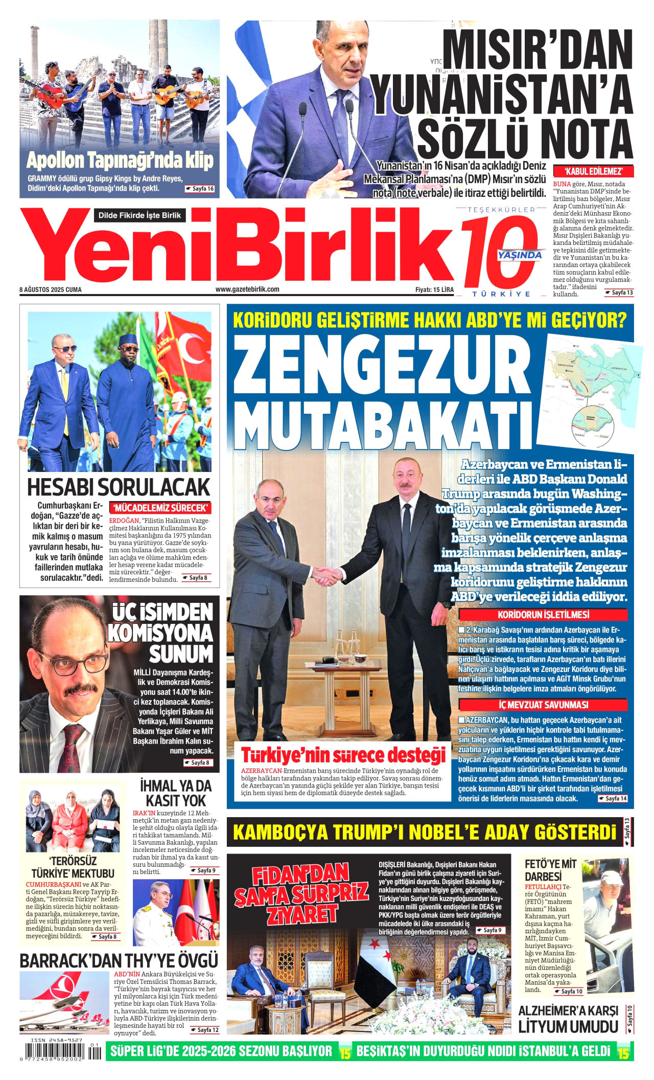 YENİBİRLİK gazetesinin 8 Ağustos 2025 tarihli birinci sayfası