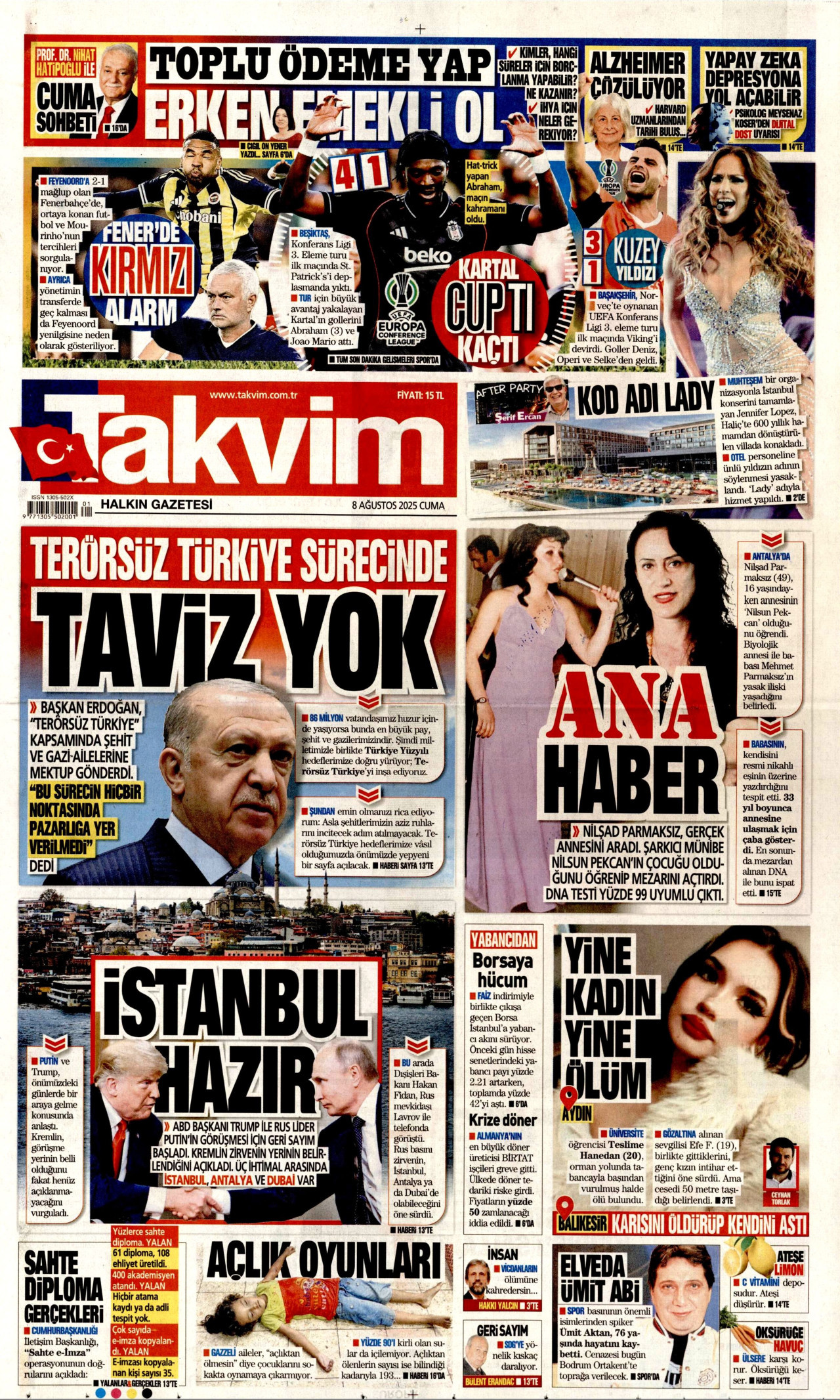 TAKVİM gazetesinin 8 Ağustos 2025 tarihli birinci sayfası