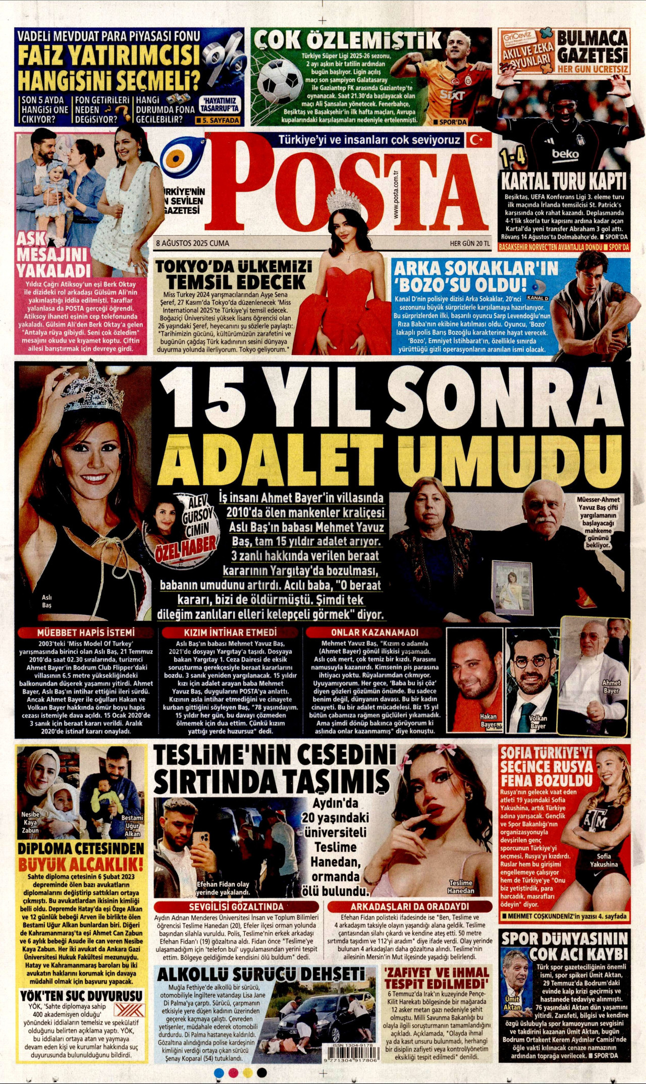 POSTA gazetesinin 8 Ağustos 2025 tarihli birinci sayfası