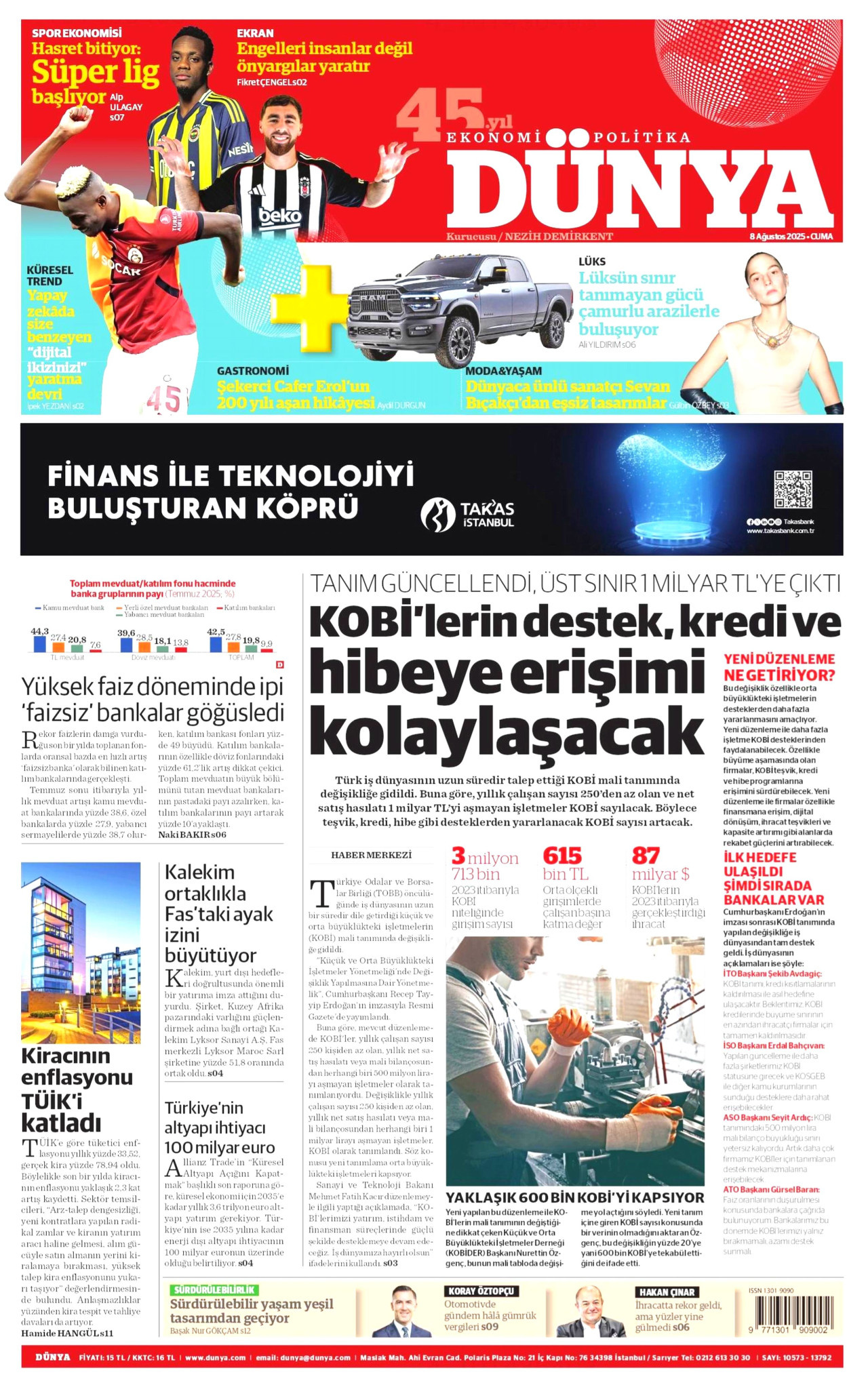 DÜNYA gazetesinin 8 Ağustos 2025 tarihli birinci sayfası