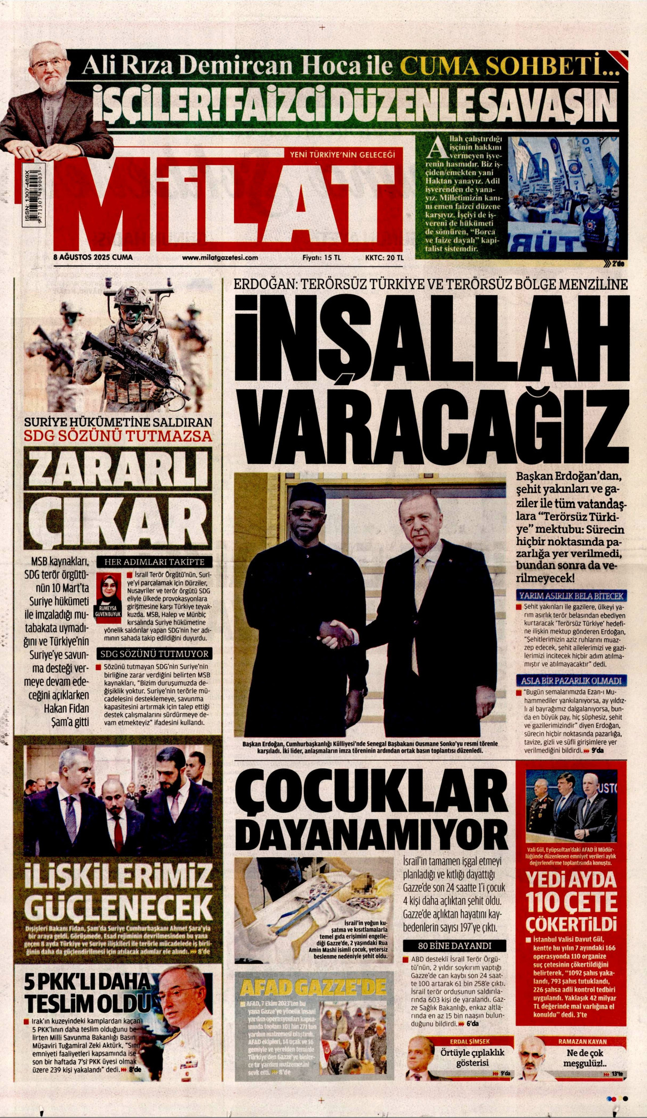 MİLAT gazetesinin 8 Ağustos 2025 tarihli birinci sayfası