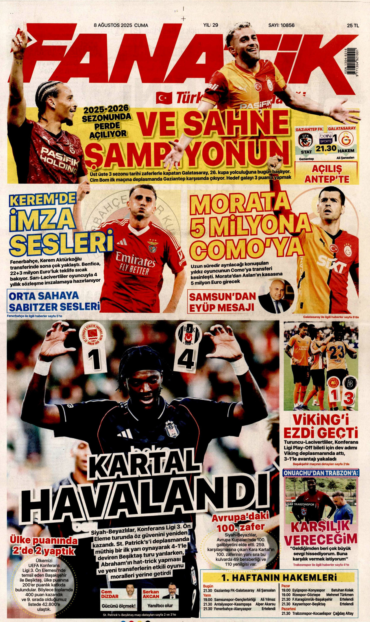 FANATİK gazetesinin 8 Ağustos 2025 tarihli birinci sayfası
