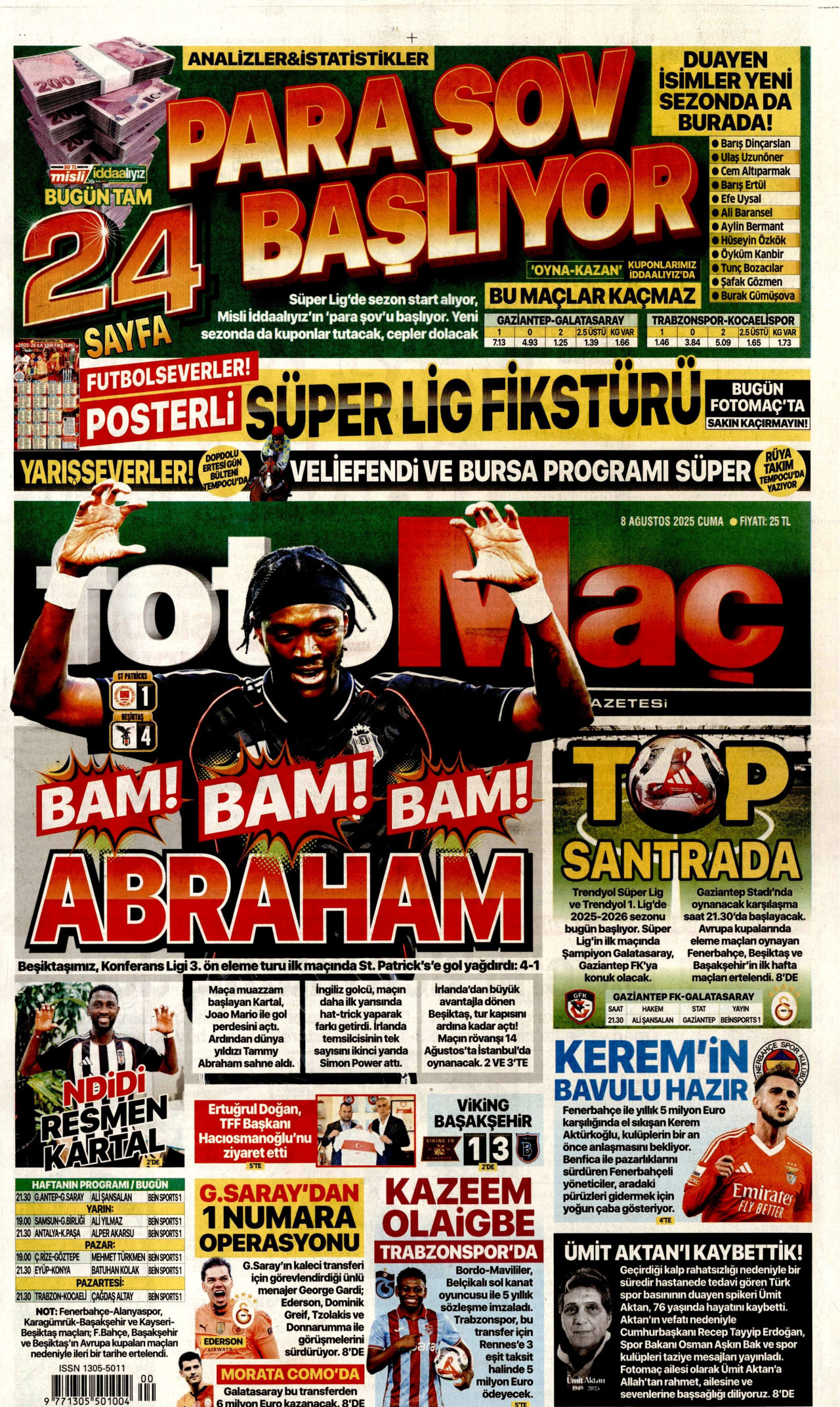 FOTOMAÇ gazetesinin 8 Ağustos 2025 tarihli birinci sayfası