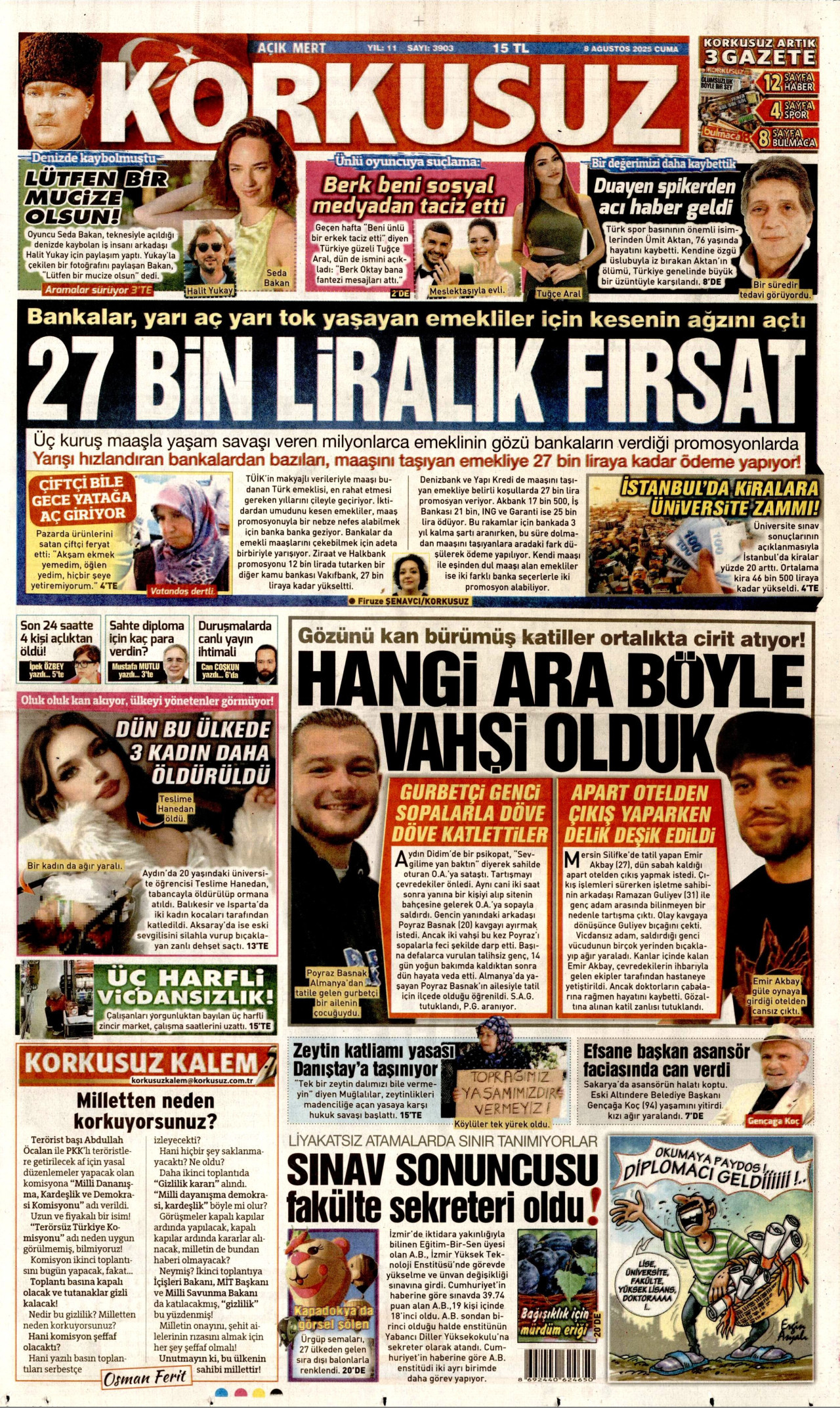 KORKUSUZ gazetesinin 8 Ağustos 2025 tarihli birinci sayfası