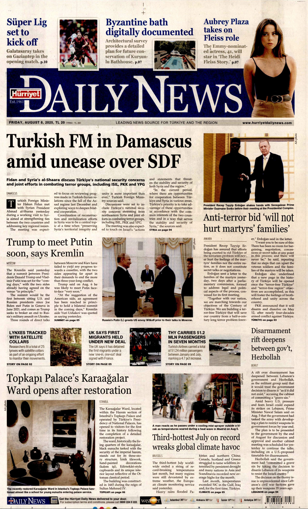 HÜRRİYET DAİLY NEWS gazetesinin 8 Ağustos 2025 tarihli birinci sayfası