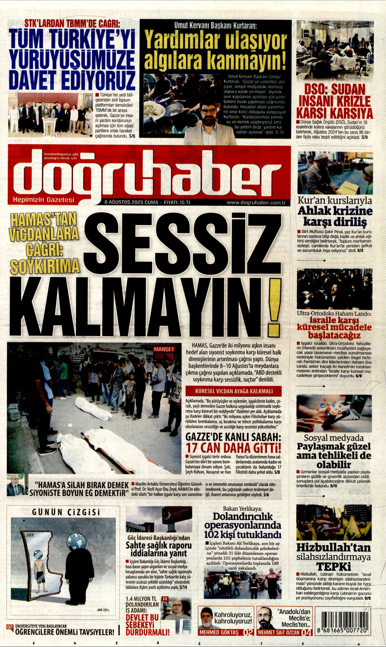 DOĞRU HABER gazetesinin 8 Ağustos 2025 tarihli birinci sayfası