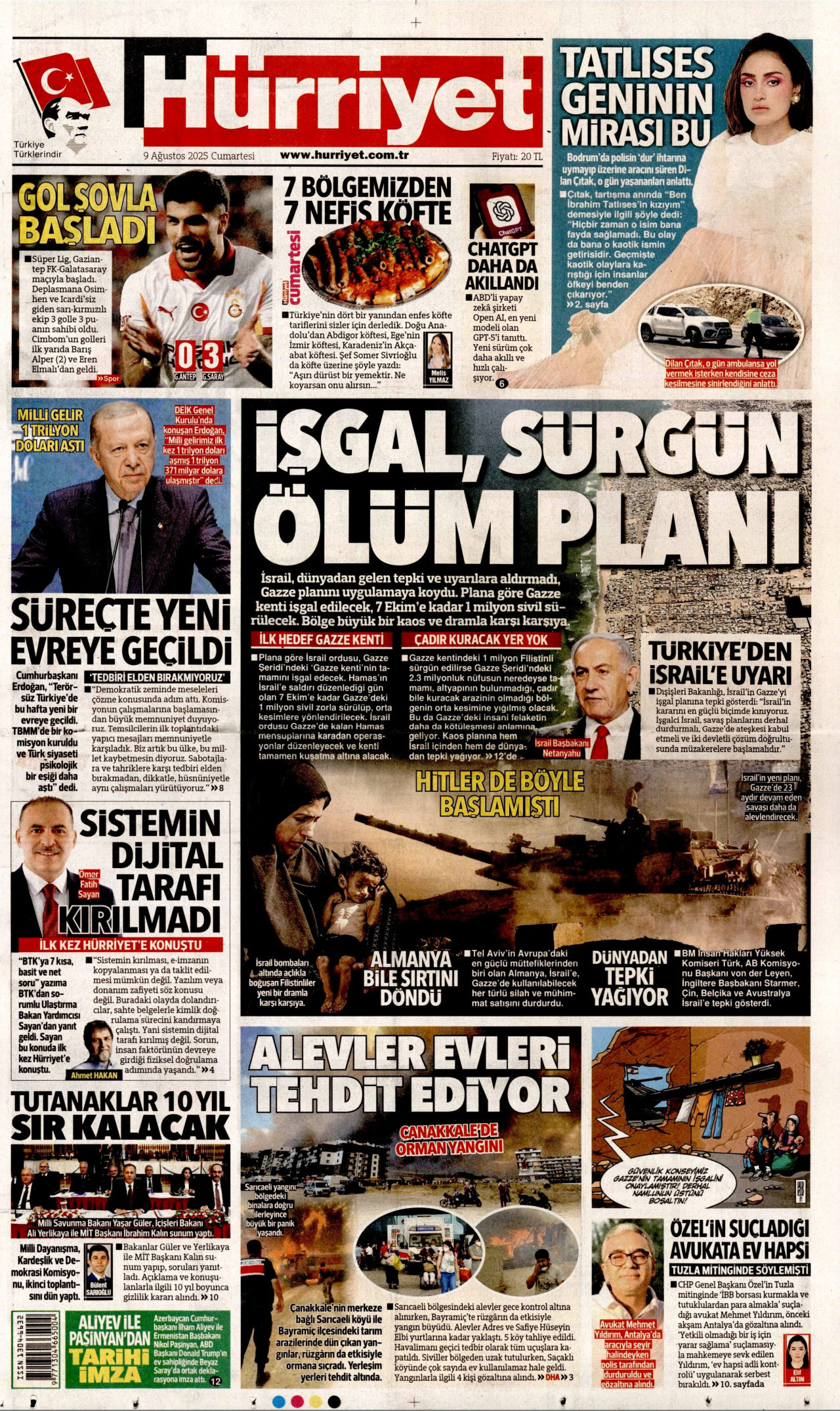 HÜRRİYET gazetesinin 9 Ağustos 2025 tarihli birinci sayfası