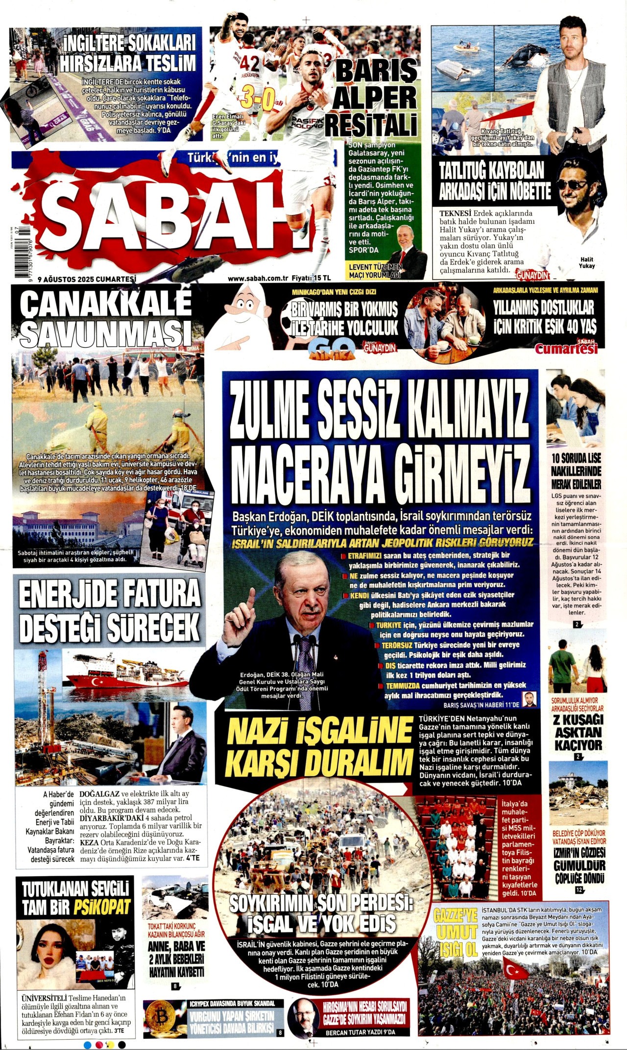SABAH gazetesinin 9 Ağustos 2025 tarihli birinci sayfası