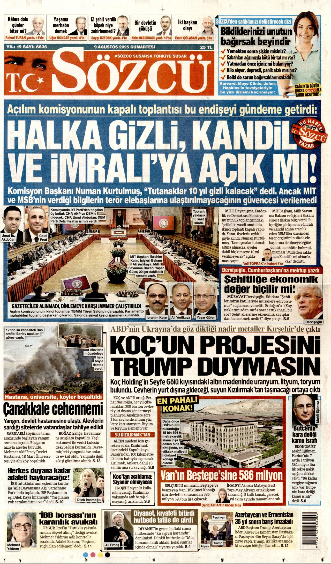 SÖZCÜ gazetesinin 9 Ağustos 2025 tarihli birinci sayfası