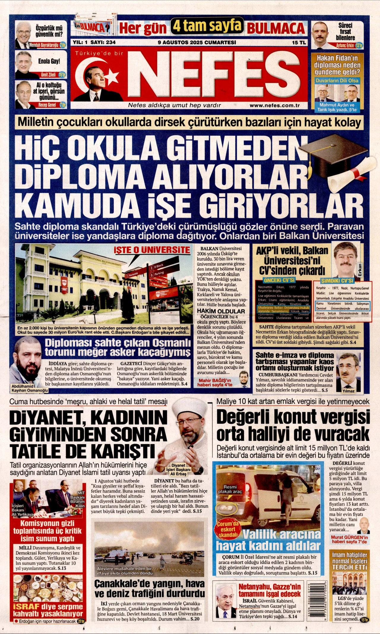 NEFES gazetesinin 9 Ağustos 2025 tarihli birinci sayfası