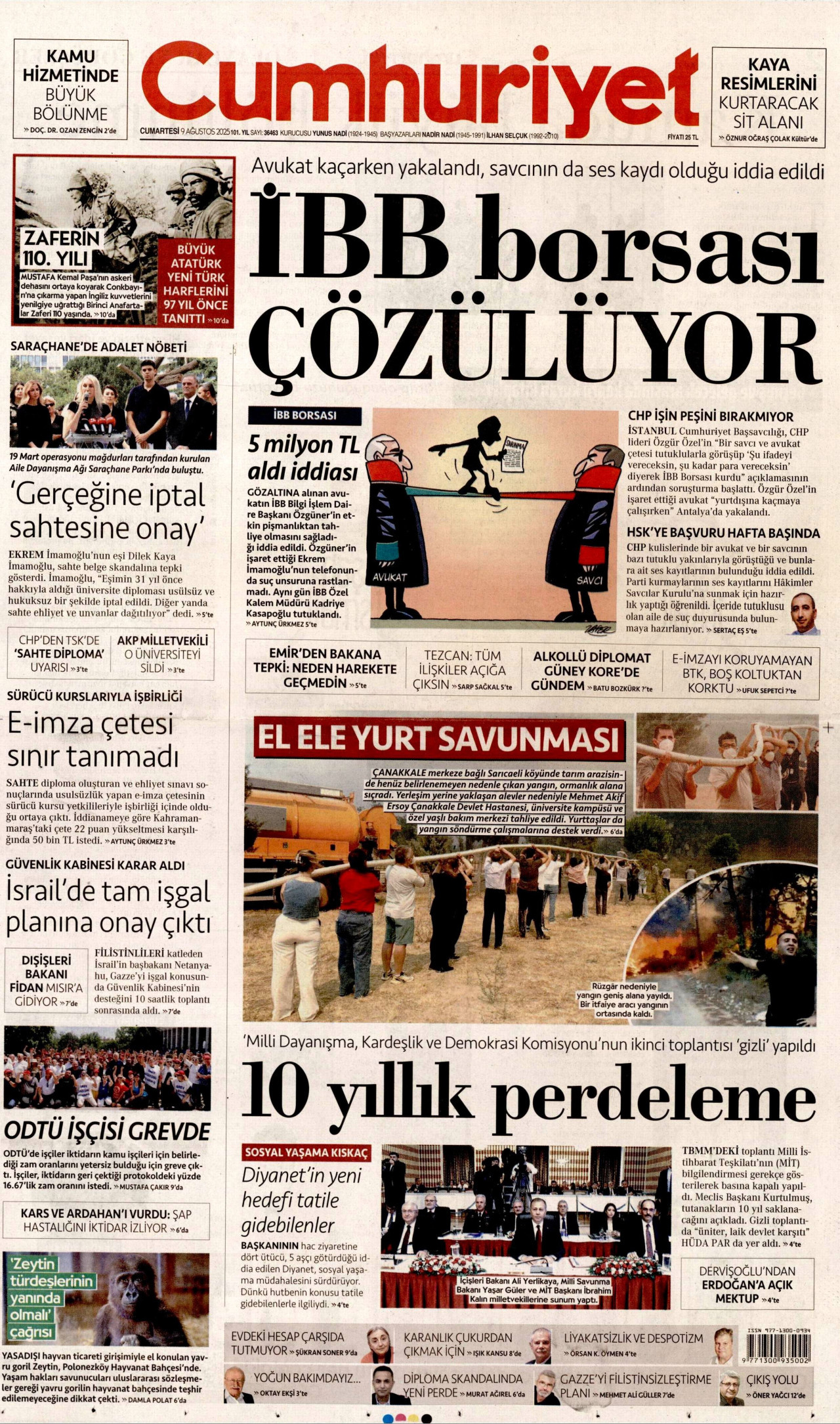 CUMHURİYET gazetesinin 9 Ağustos 2025 tarihli birinci sayfası
