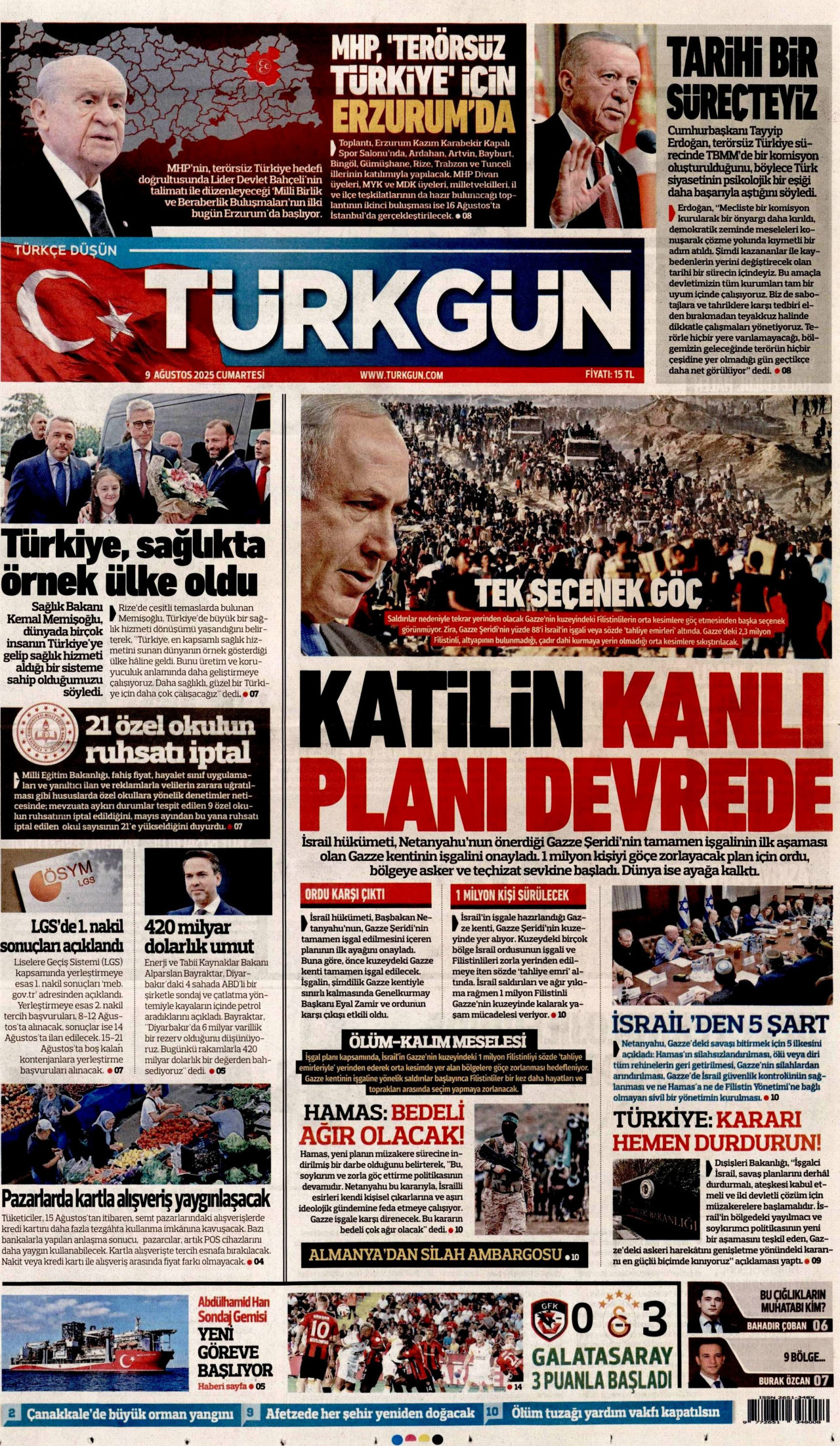 TÜRKGÜN gazetesinin 9 Ağustos 2025 tarihli birinci sayfası