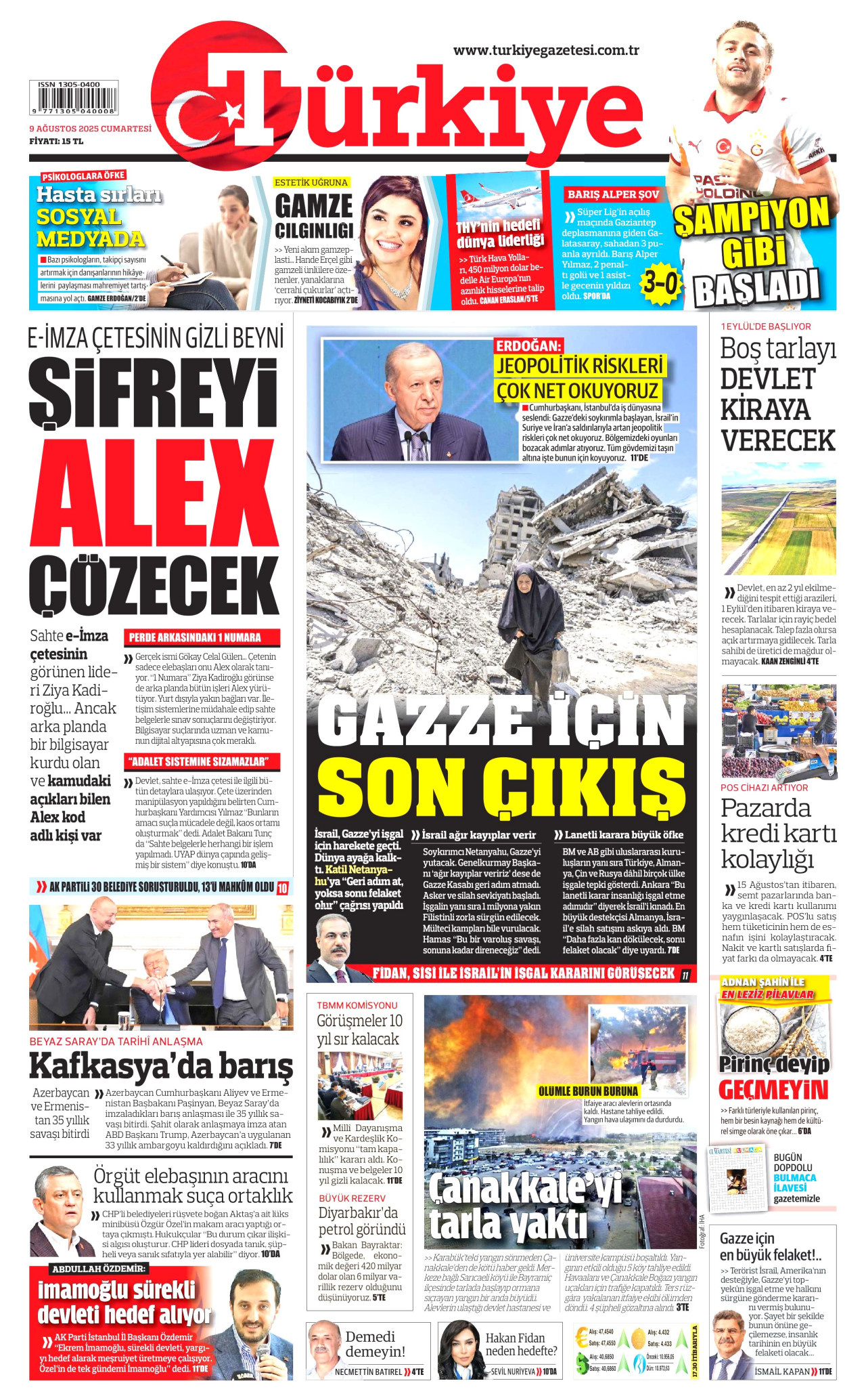 TÜRKİYE GAZETESİ gazetesinin 9 Ağustos 2025 tarihli birinci sayfası