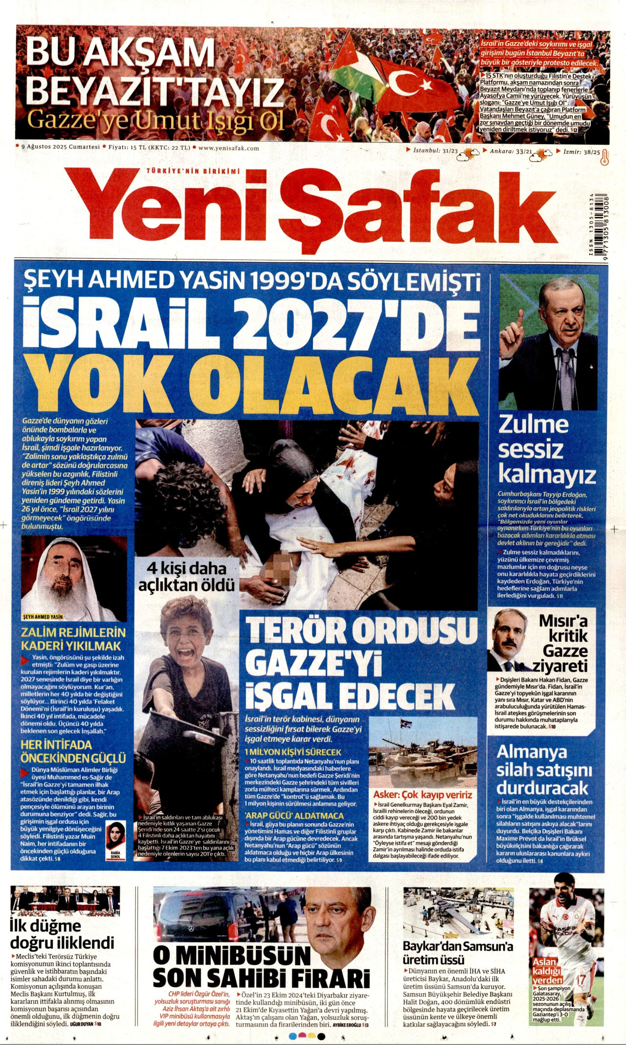 YENİ ŞAFAK gazetesinin 9 Ağustos 2025 tarihli birinci sayfası