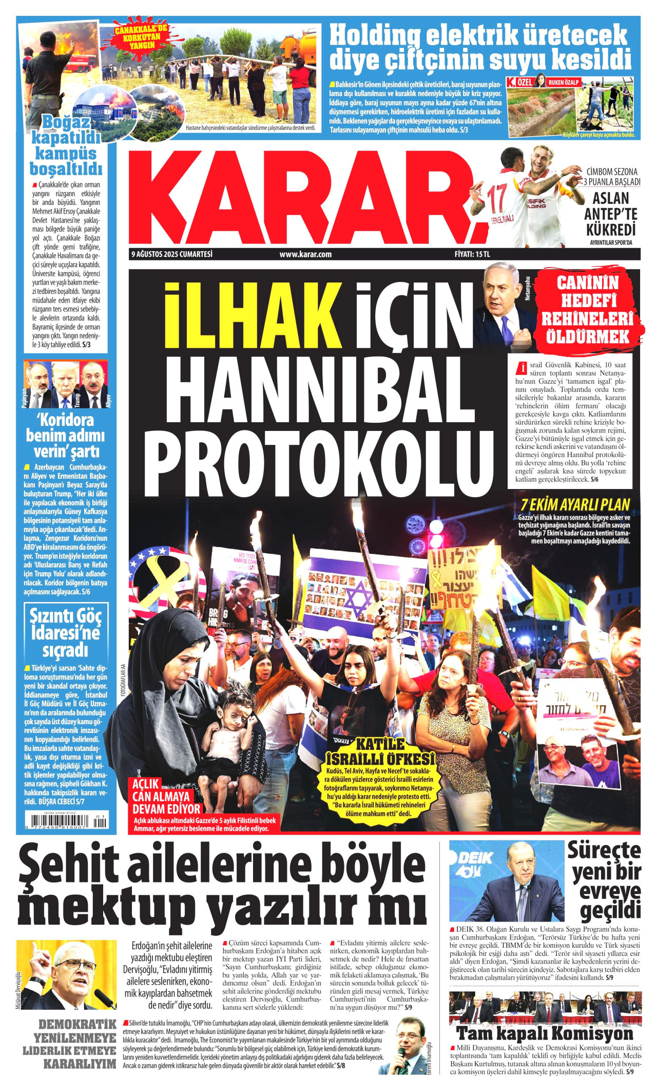 KARAR gazetesinin 9 Ağustos 2025 tarihli birinci sayfası