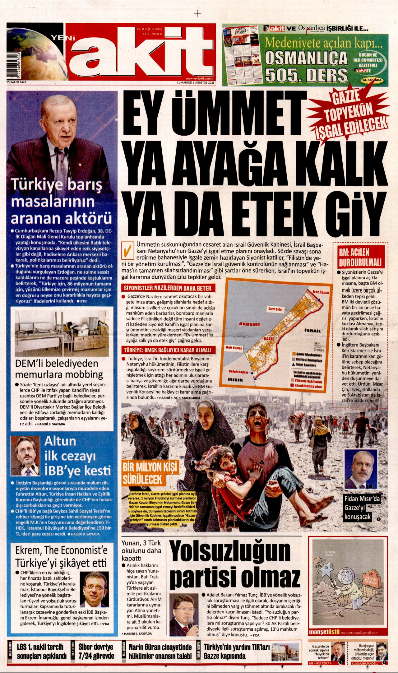 YENİ AKİT gazetesinin 9 Ağustos 2025 tarihli birinci sayfası
