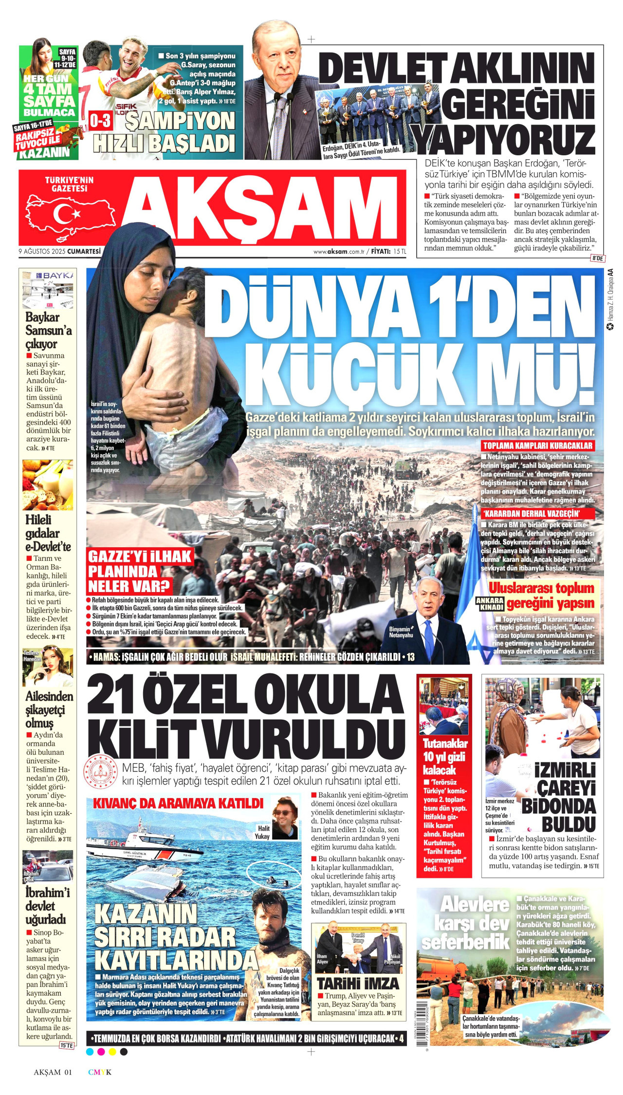 AKŞAM gazetesinin 9 Ağustos 2025 tarihli birinci sayfası