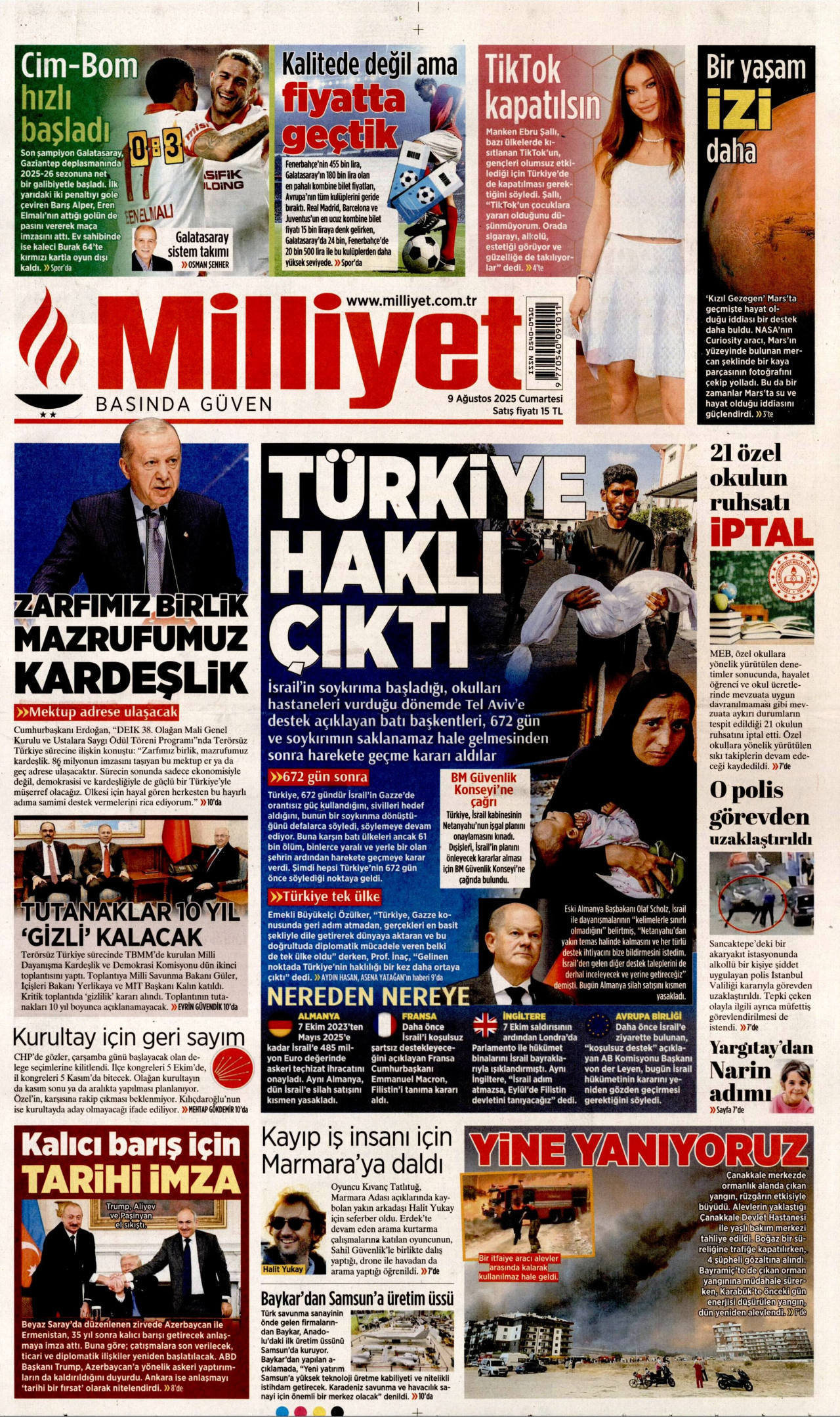MİLLİYET gazetesinin 9 Ağustos 2025 tarihli birinci sayfası