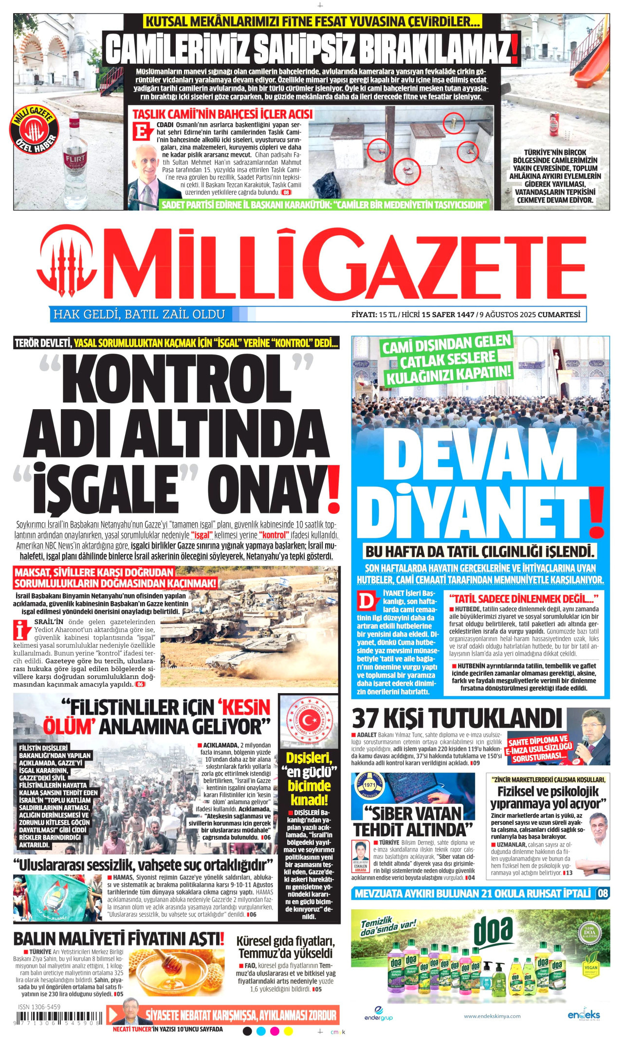 MİLLİ GAZETE gazetesinin 9 Ağustos 2025 tarihli birinci sayfası