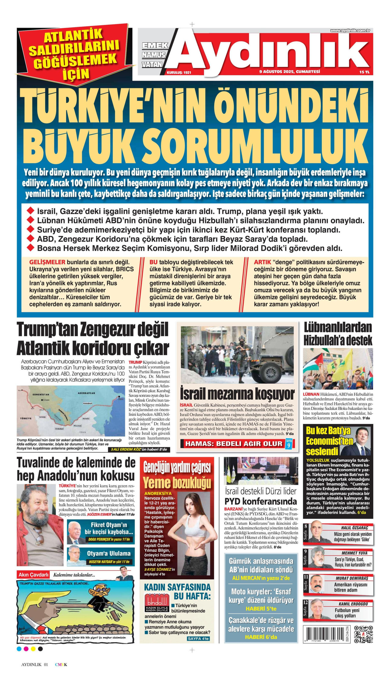 AYDINLIK GAZETESİ gazetesinin 9 Ağustos 2025 tarihli birinci sayfası