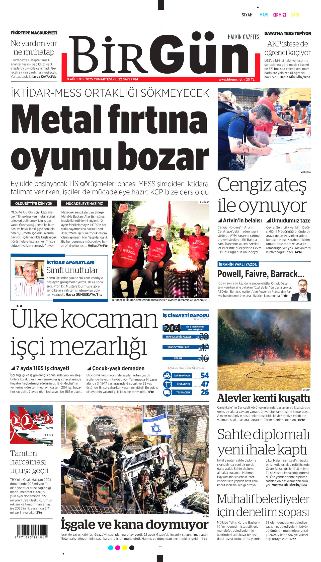 BİRGÜN gazetesinin 9 Ağustos 2025 tarihli birinci sayfası