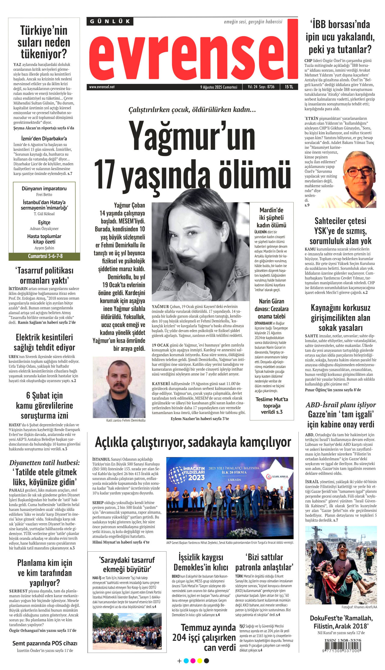 EVRENSEL gazetesinin 9 Ağustos 2025 tarihli birinci sayfası