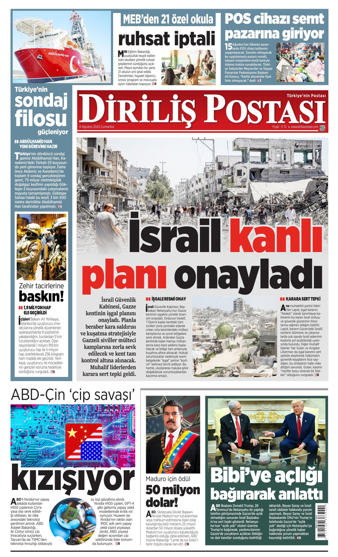 DİRİLİŞ POSTASI gazetesinin 9 Ağustos 2025 tarihli birinci sayfası