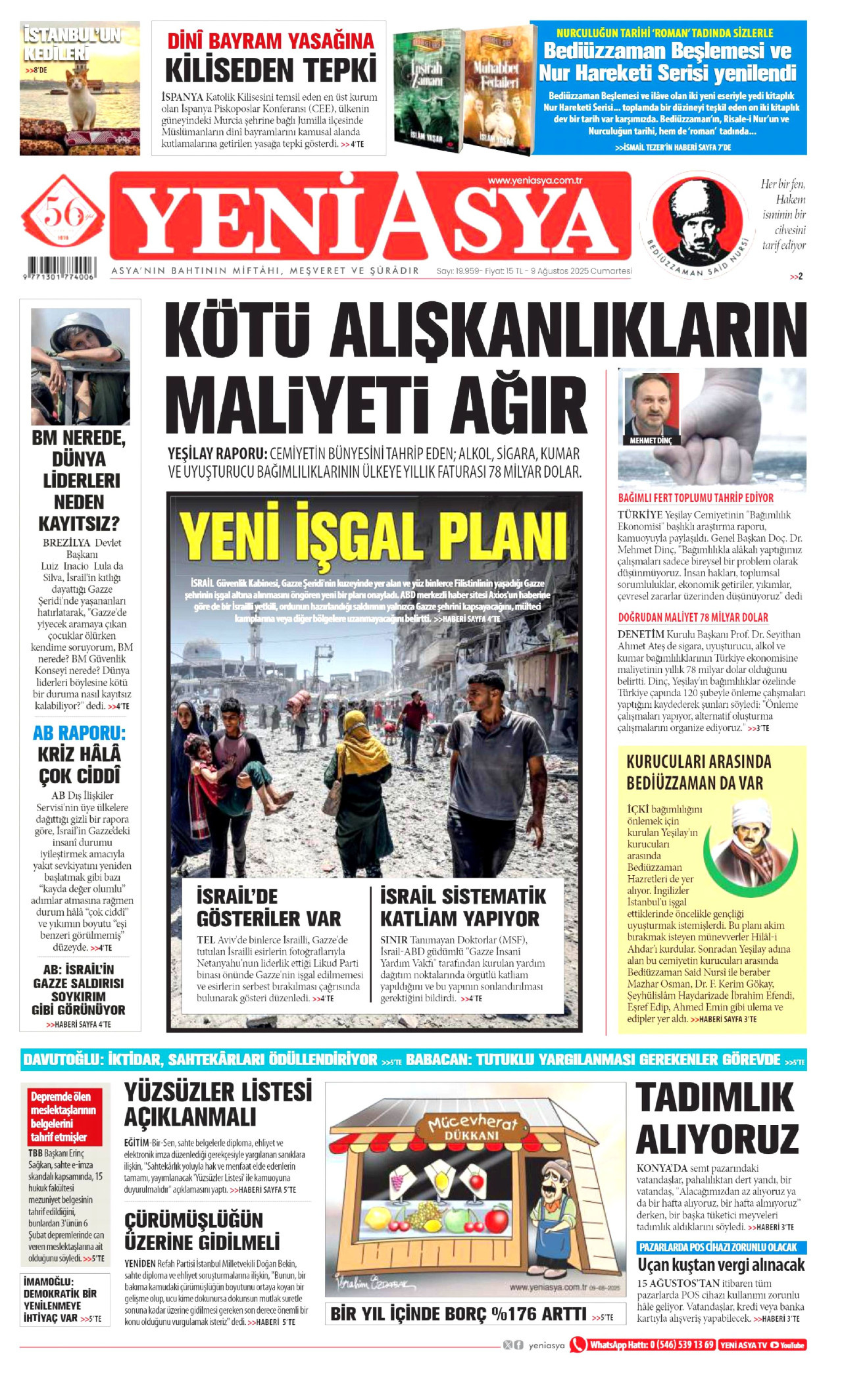 YENİ ASYA gazetesinin 9 Ağustos 2025 tarihli birinci sayfası