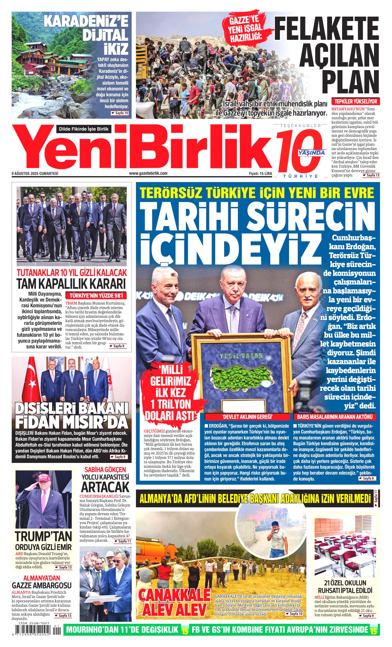 YENİBİRLİK gazetesinin 9 Ağustos 2025 tarihli birinci sayfası