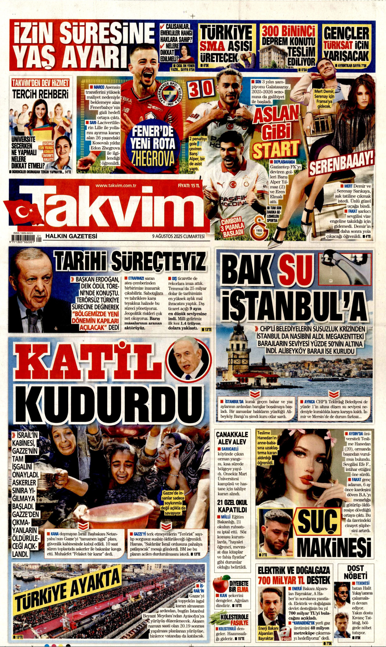 TAKVİM gazetesinin 9 Ağustos 2025 tarihli birinci sayfası