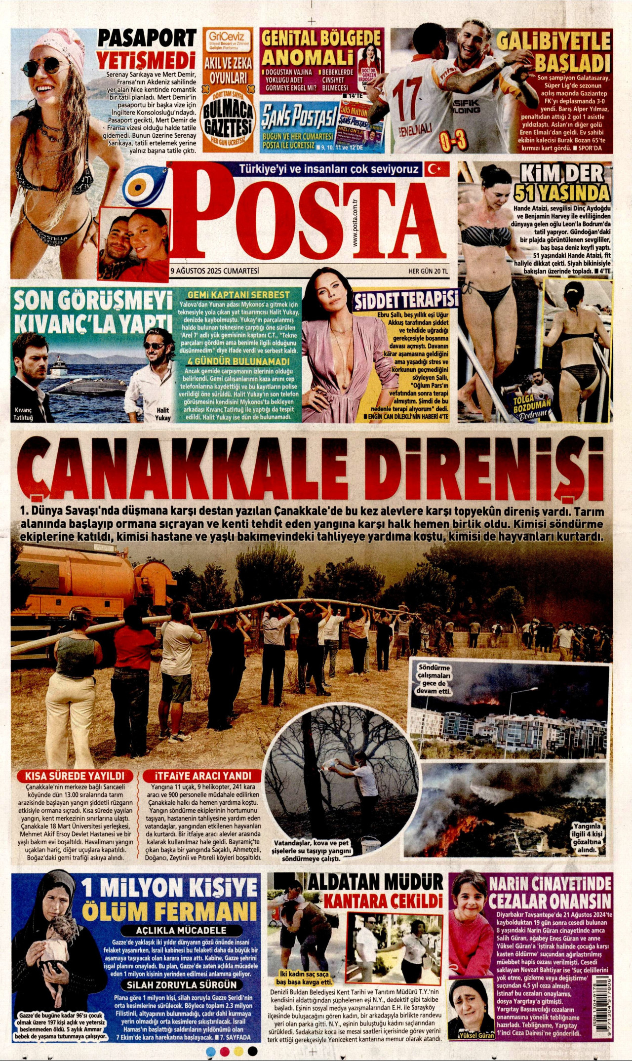 POSTA gazetesinin 9 Ağustos 2025 tarihli birinci sayfası