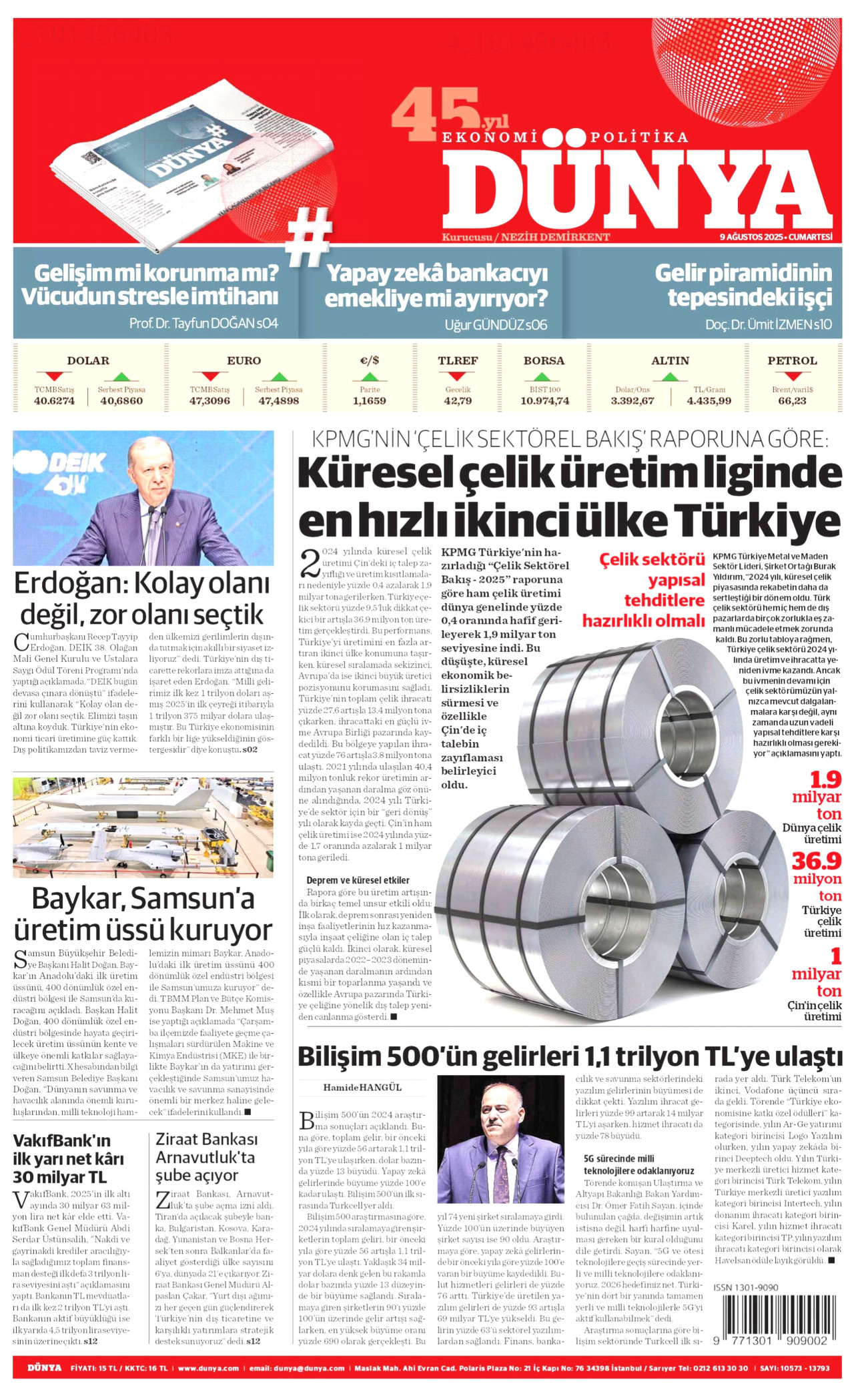 DÜNYA gazetesinin 9 Ağustos 2025 tarihli birinci sayfası