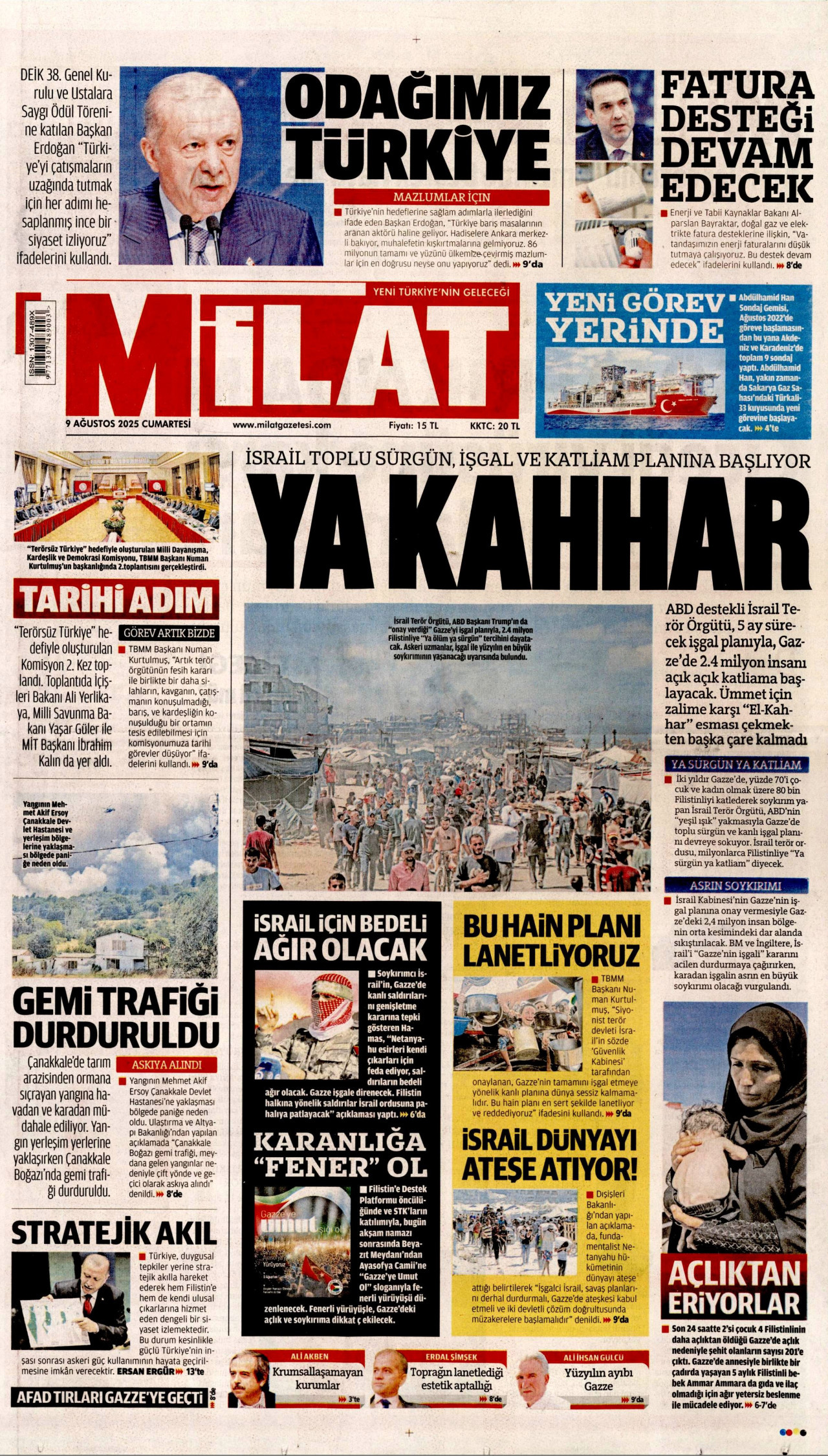 MİLAT gazetesinin 9 Ağustos 2025 tarihli birinci sayfası