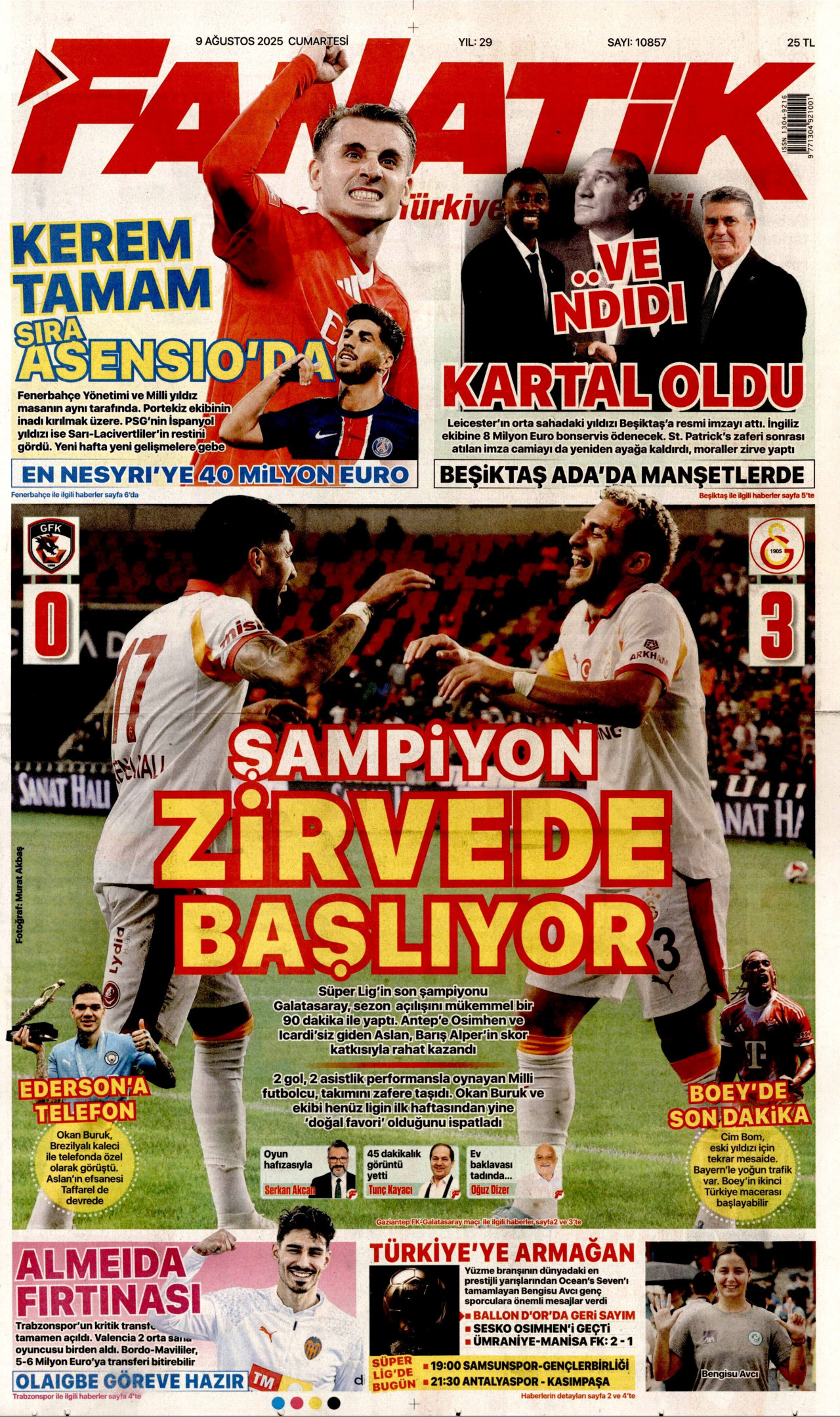 FANATİK gazetesinin 9 Ağustos 2025 tarihli birinci sayfası