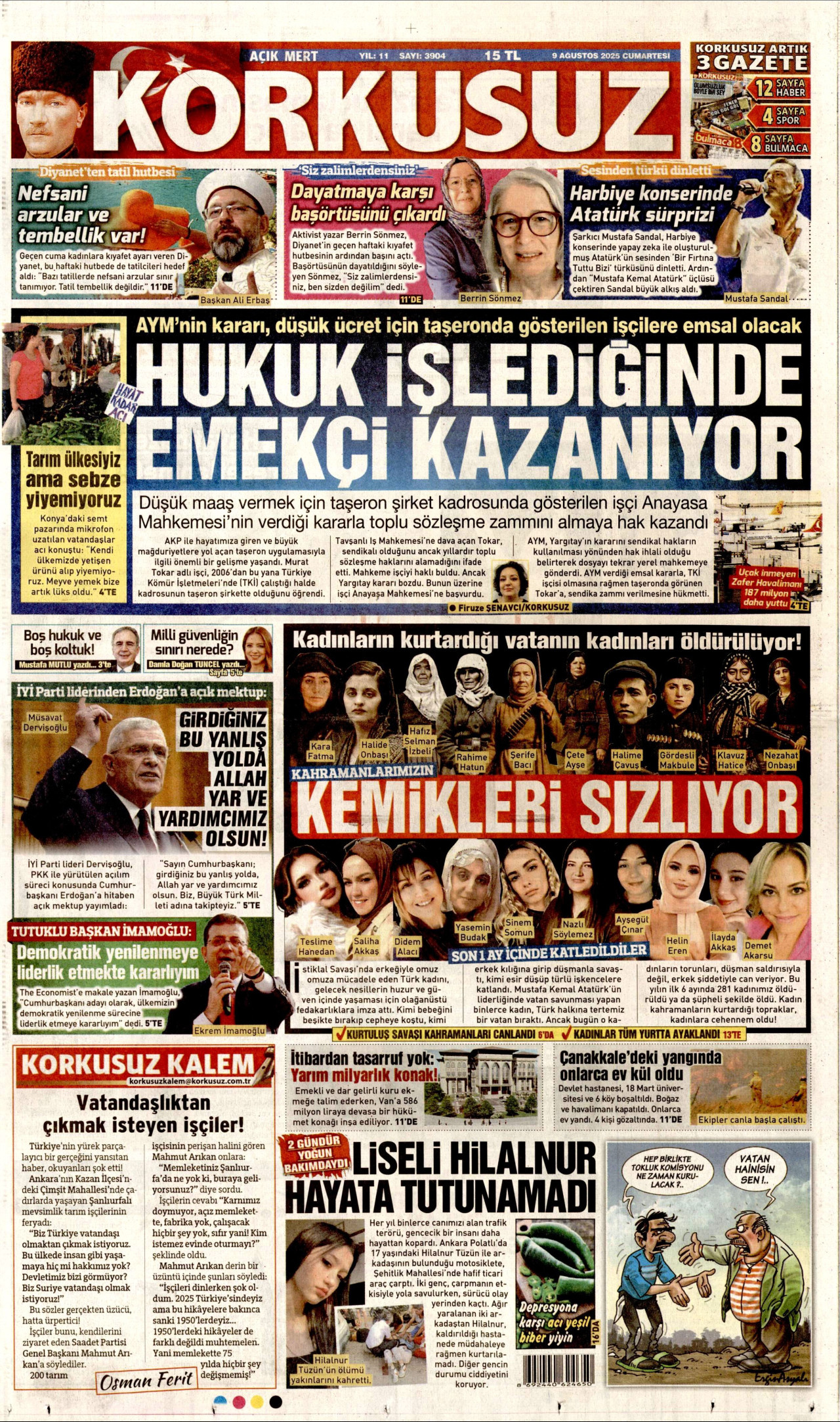 KORKUSUZ gazetesinin 9 Ağustos 2025 tarihli birinci sayfası