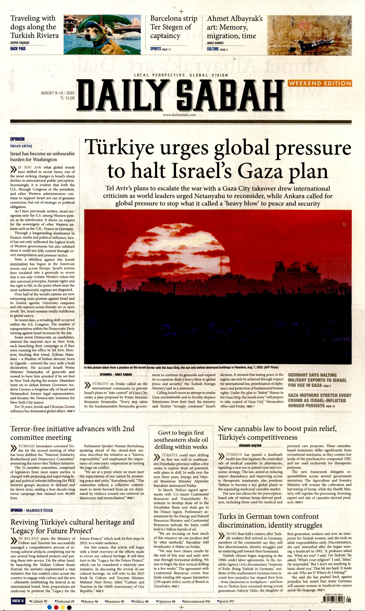 DAİLY SABAH gazetesinin 9 Ağustos 2025 tarihli birinci sayfası