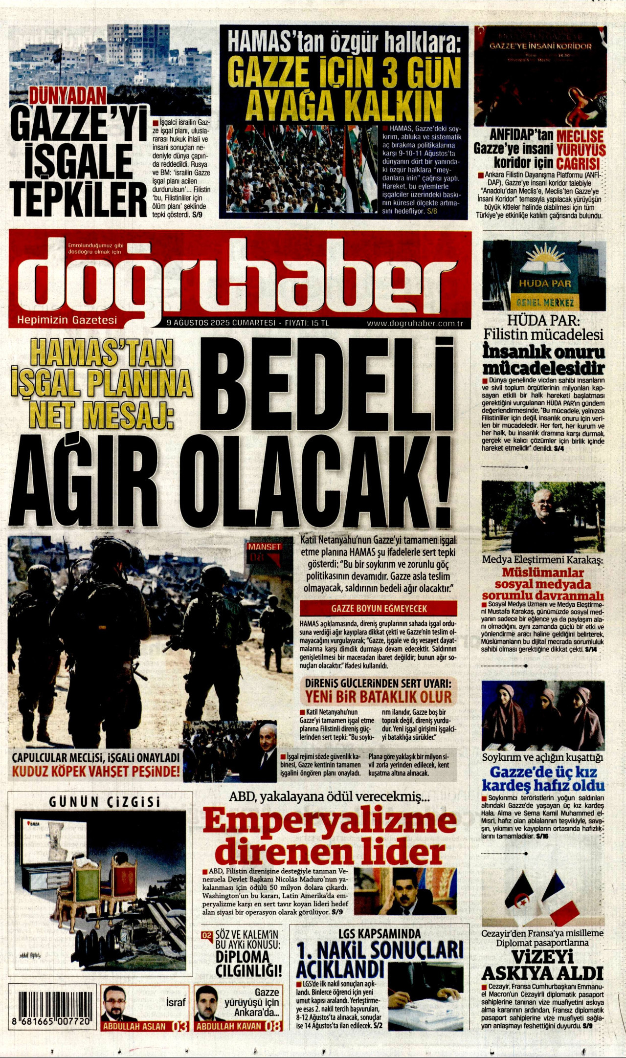 DOĞRU HABER gazetesinin 9 Ağustos 2025 tarihli birinci sayfası