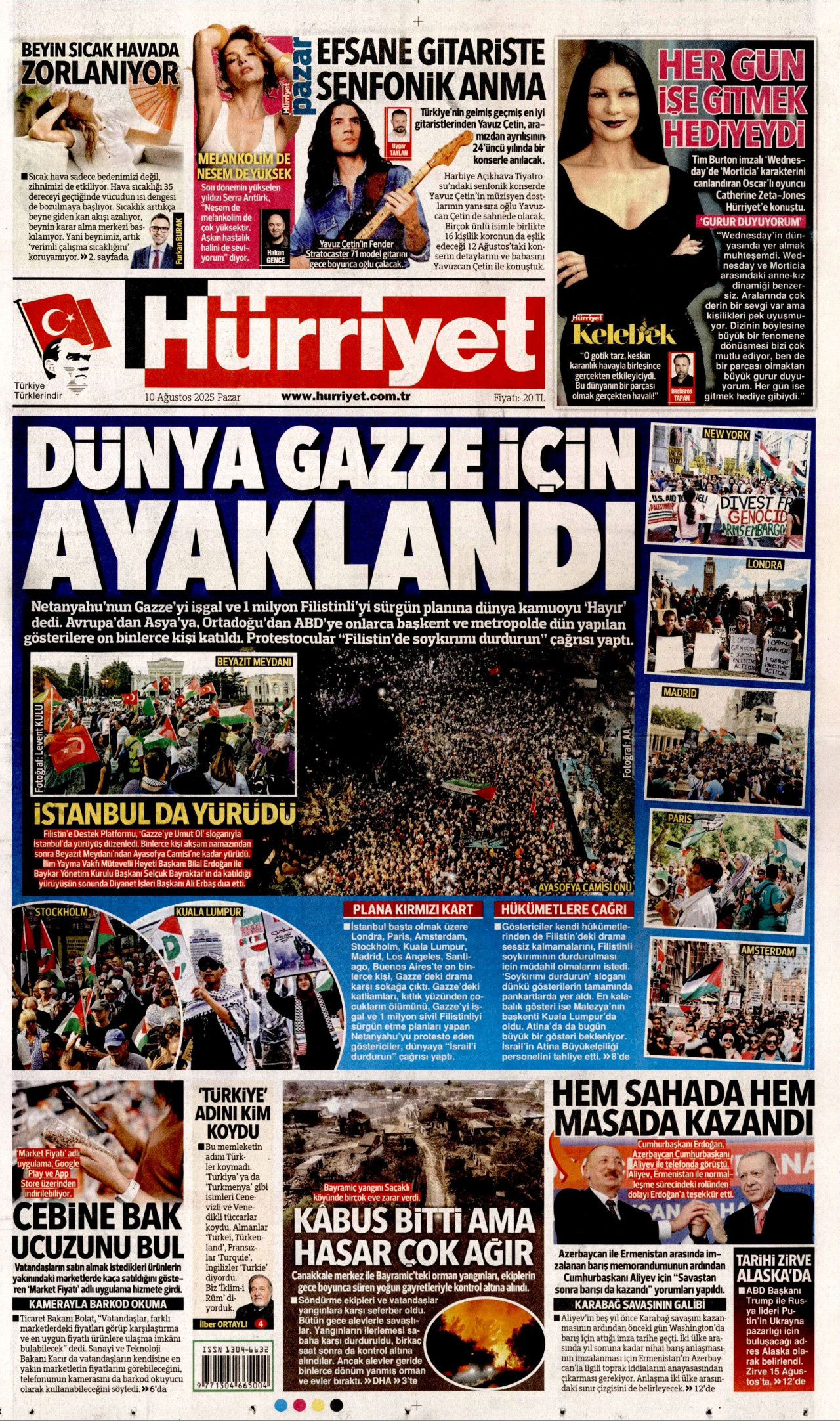 HÜRRİYET gazetesinin 10 Ağustos 2025 tarihli birinci sayfası