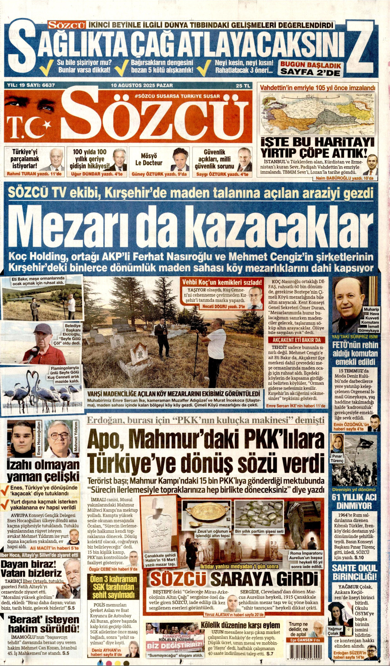 SÖZCÜ gazetesinin 10 Ağustos 2025 tarihli birinci sayfası