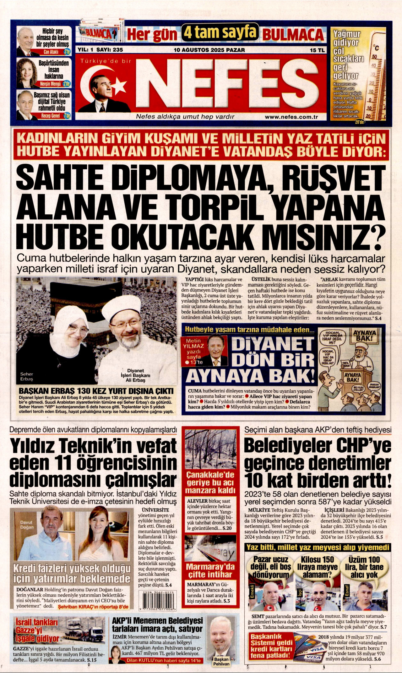 NEFES gazetesinin 10 Ağustos 2025 tarihli birinci sayfası