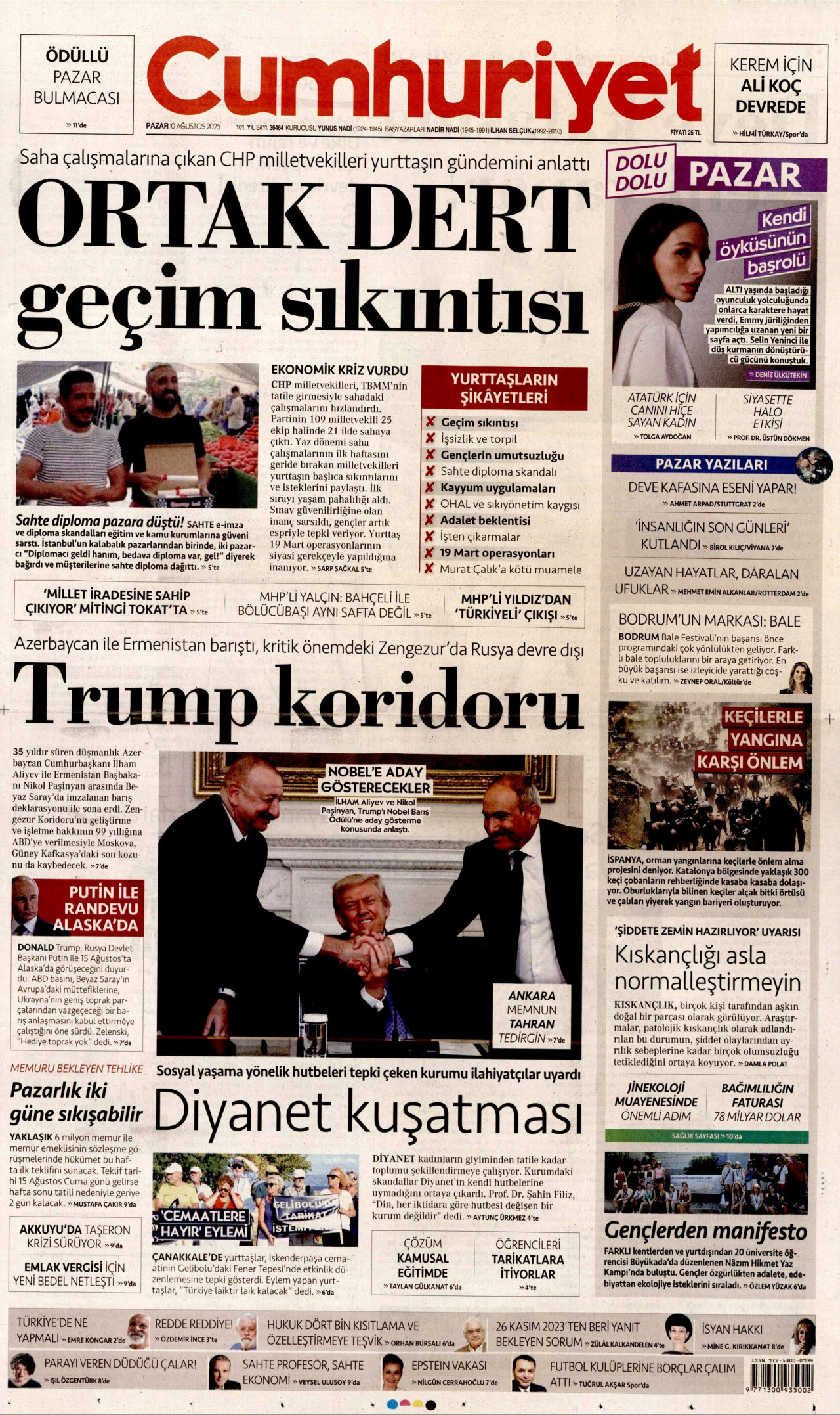 CUMHURİYET gazetesinin 10 Ağustos 2025 tarihli birinci sayfası
