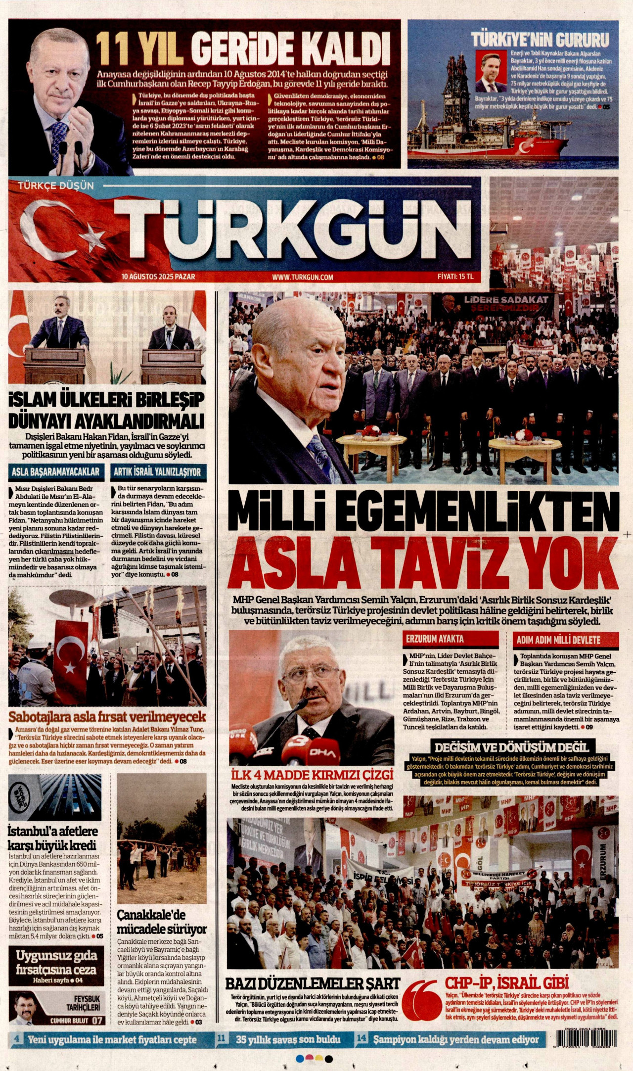 TÜRKGÜN gazetesinin 10 Ağustos 2025 tarihli birinci sayfası