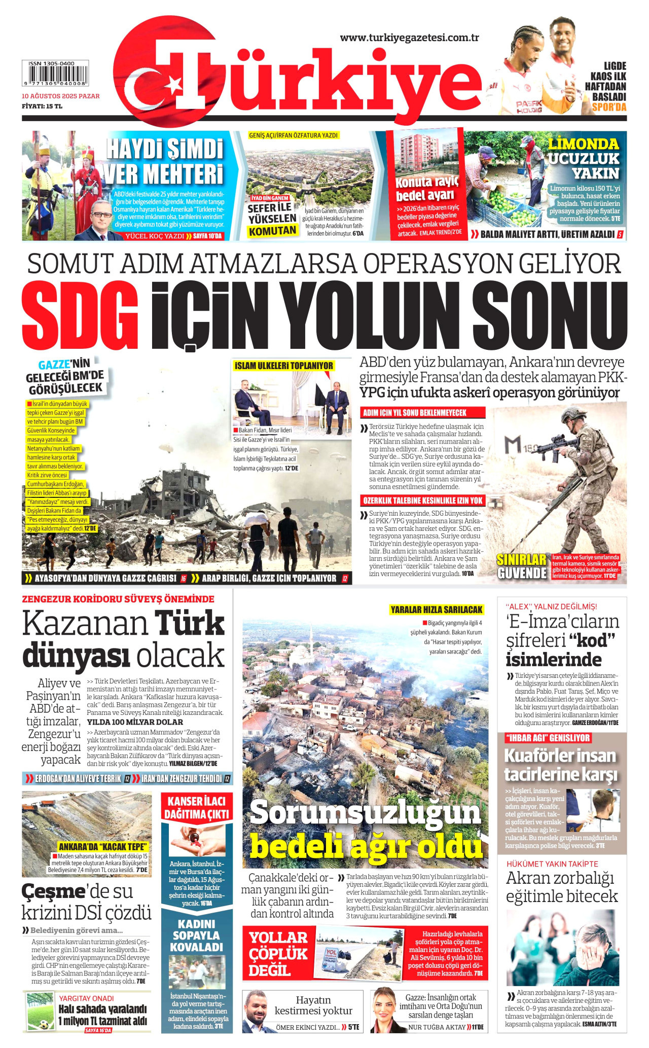 TÜRKİYE GAZETESİ gazetesinin 10 Ağustos 2025 tarihli birinci sayfası