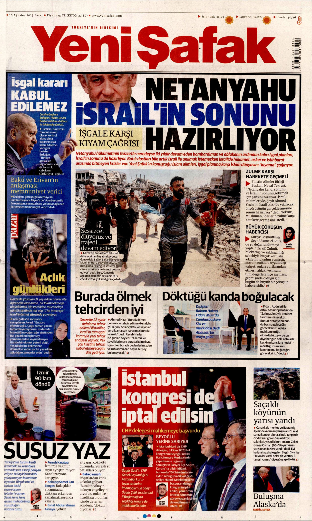 YENİ ŞAFAK gazetesinin 10 Ağustos 2025 tarihli birinci sayfası