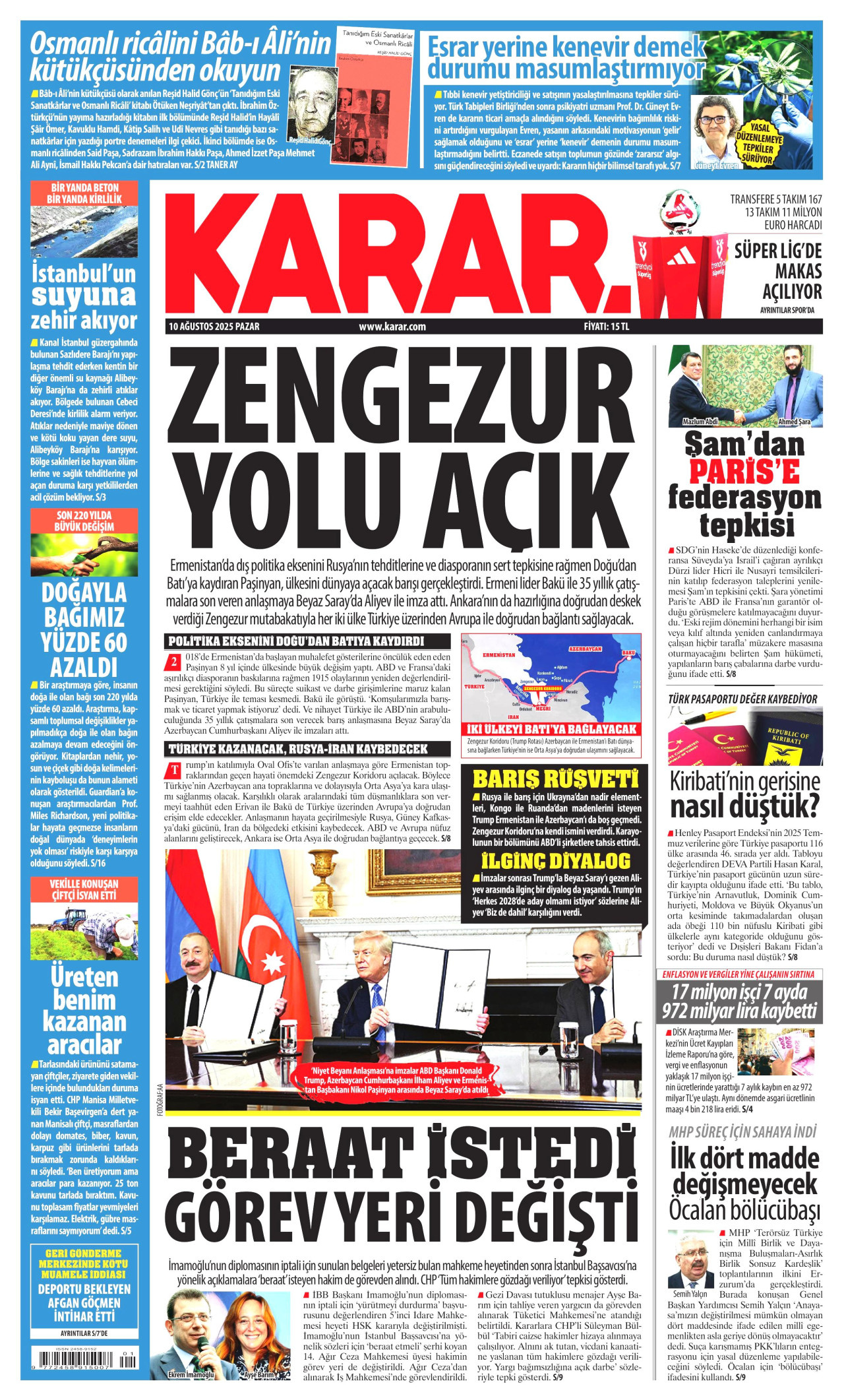 KARAR gazetesinin 10 Ağustos 2025 tarihli birinci sayfası
