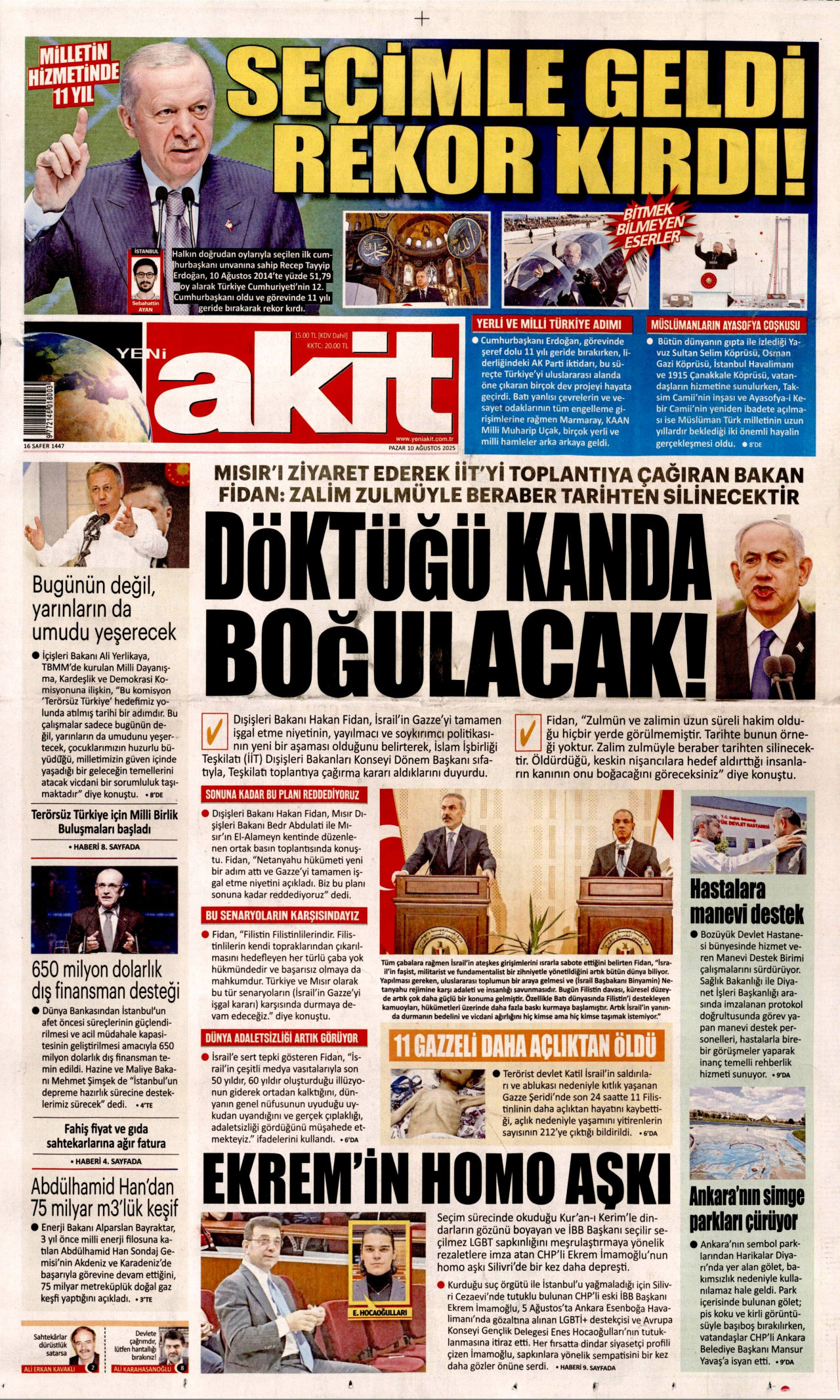 YENİ AKİT gazetesinin 10 Ağustos 2025 tarihli birinci sayfası