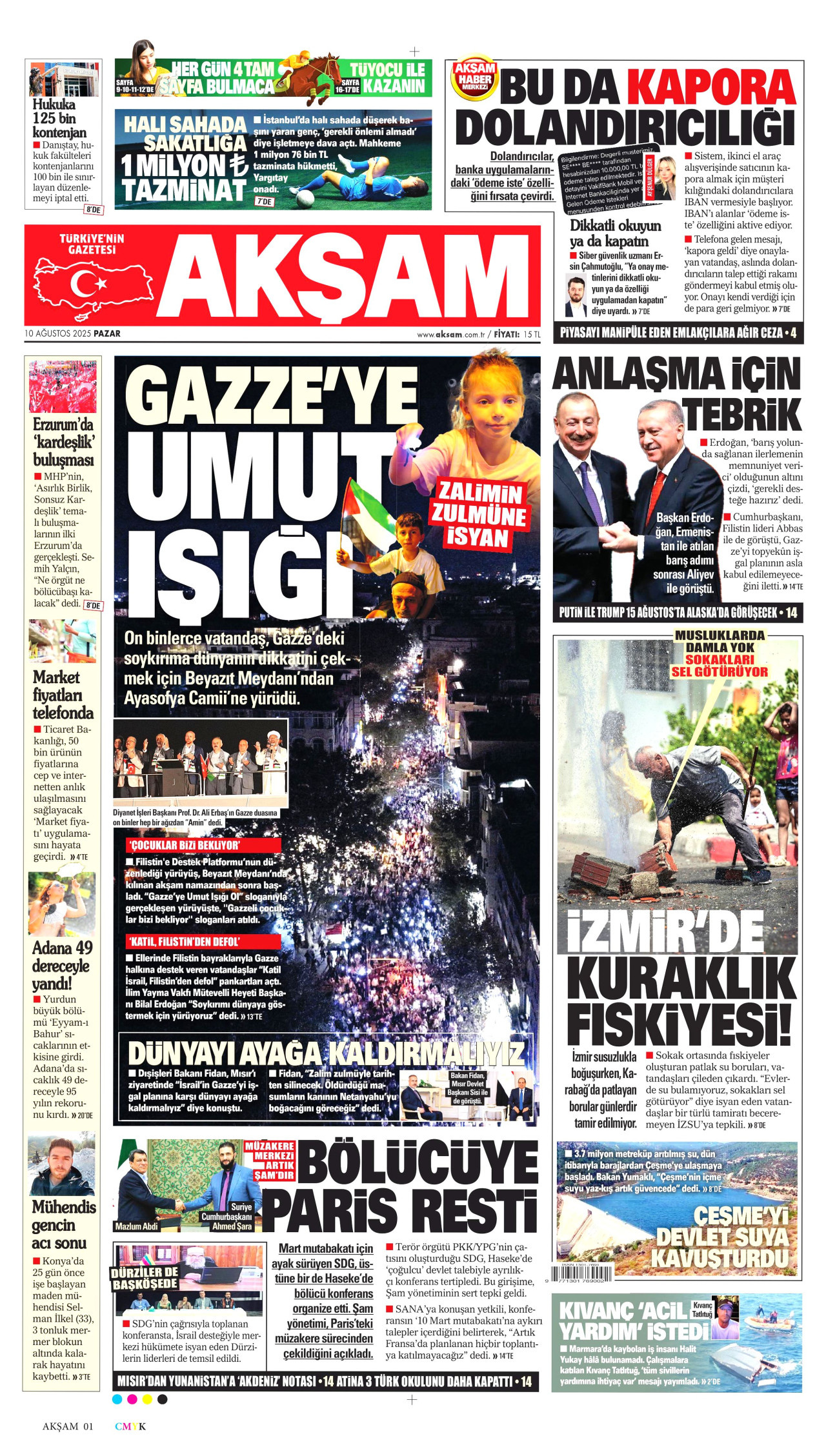 AKŞAM gazetesinin 10 Ağustos 2025 tarihli birinci sayfası