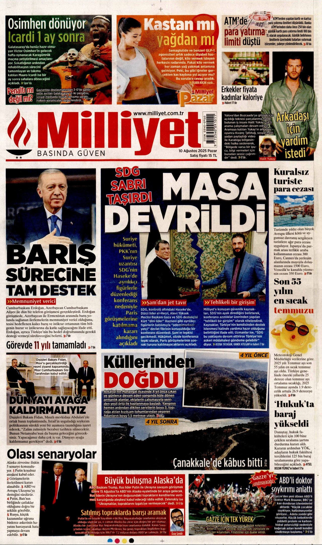 MİLLİYET gazetesinin 10 Ağustos 2025 tarihli birinci sayfası